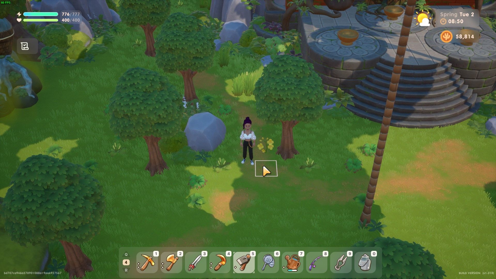 Coral Island: The player stands in the woods by a flower