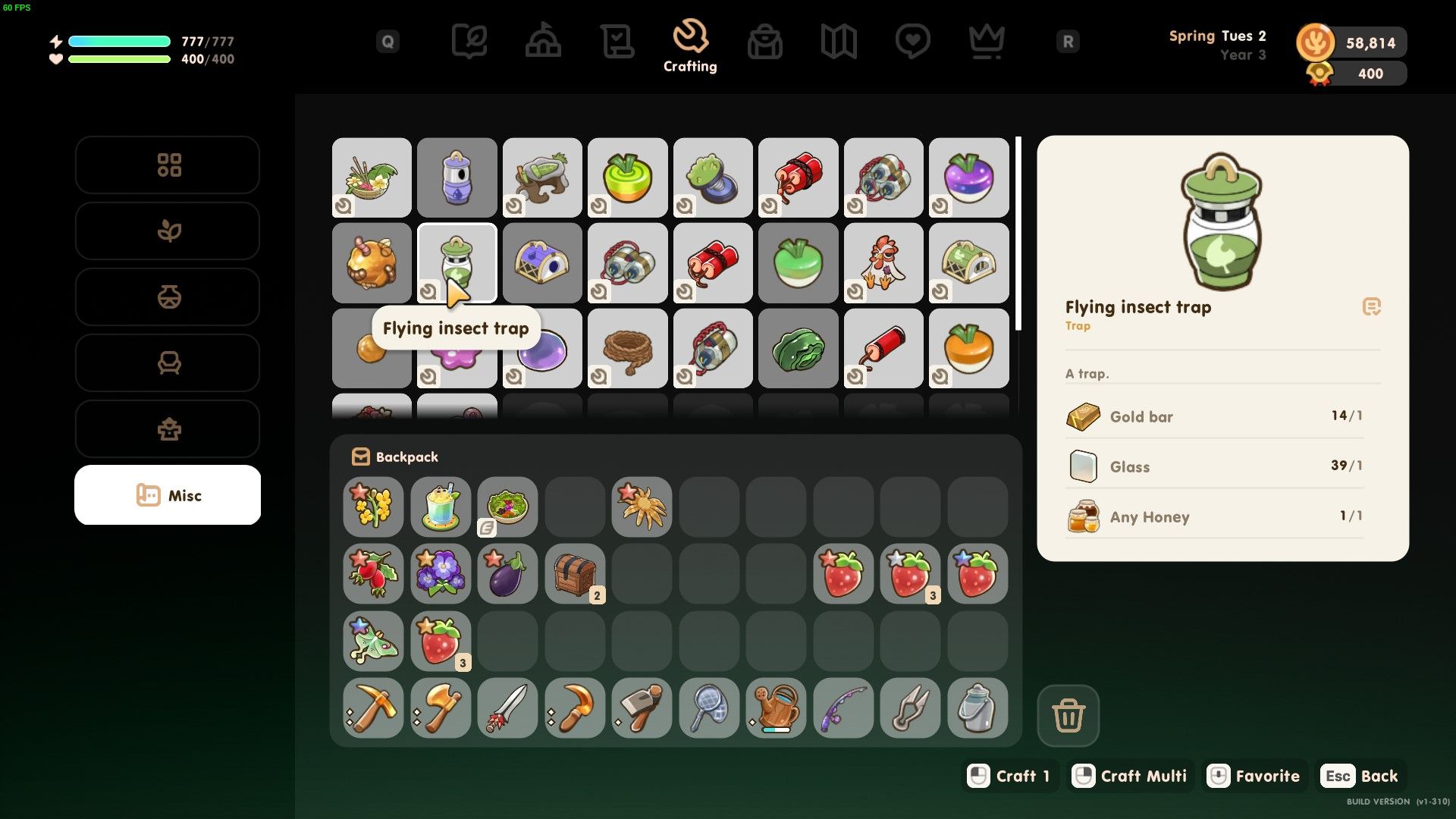 Coral Island: An image of the crafting menu with the flying insect trap highlighted on the right side of the screen