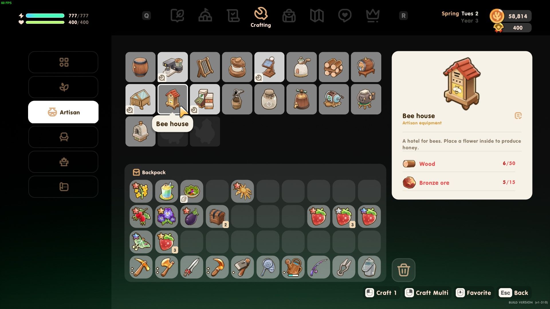Coral Island: An image of the crafting menu with the Bee House highlighted on the right side