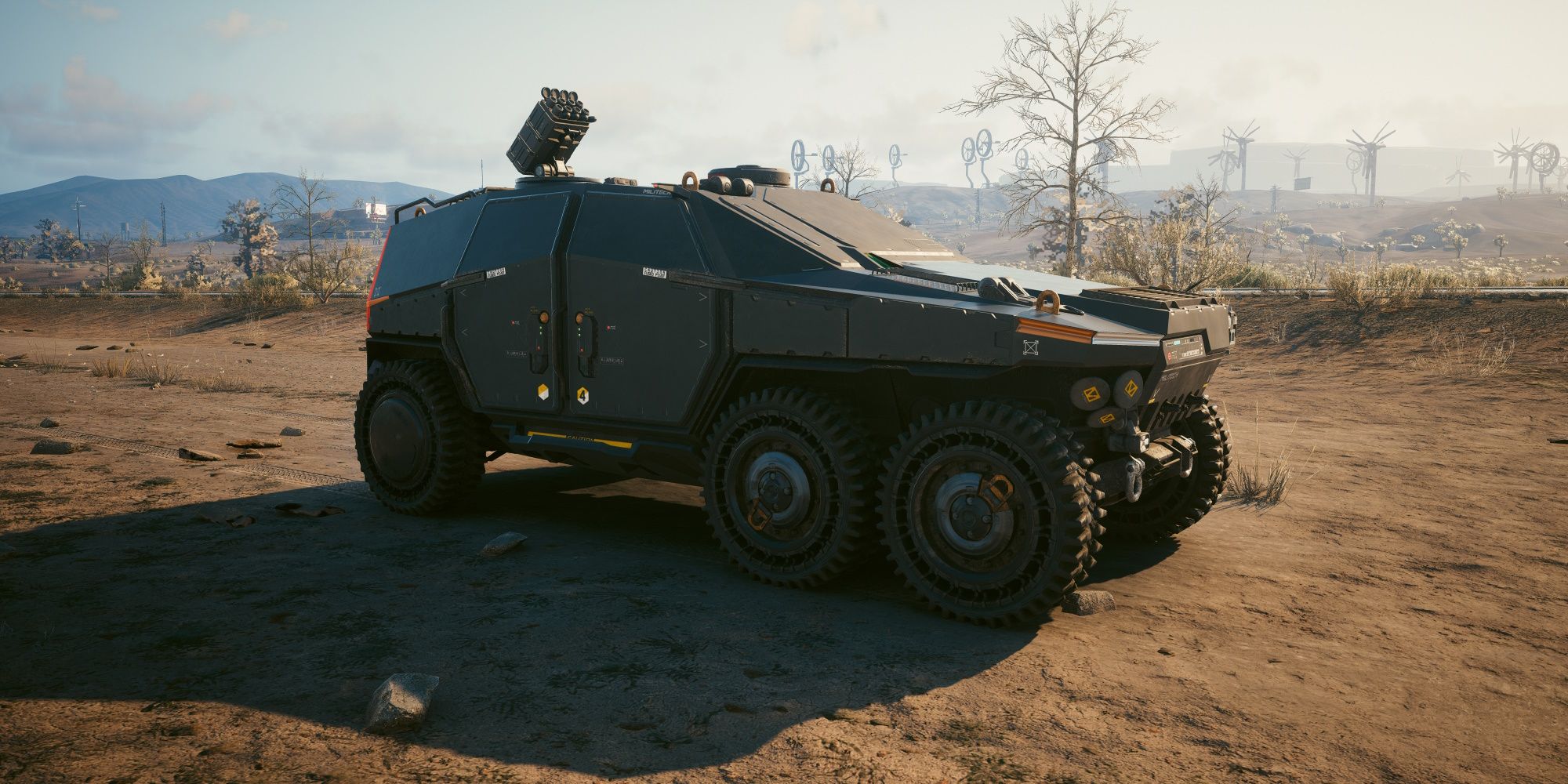 A Militech Hellhound sitting majestically under the desert sun.