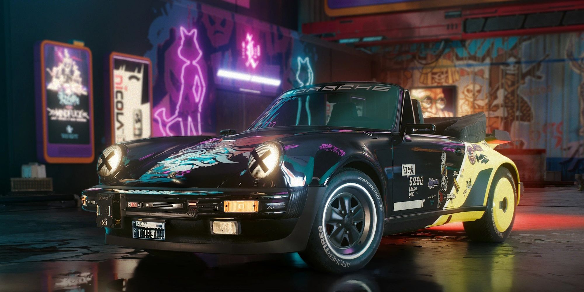 A Porsche 911 Convertible given a Cyberpunk makeover.