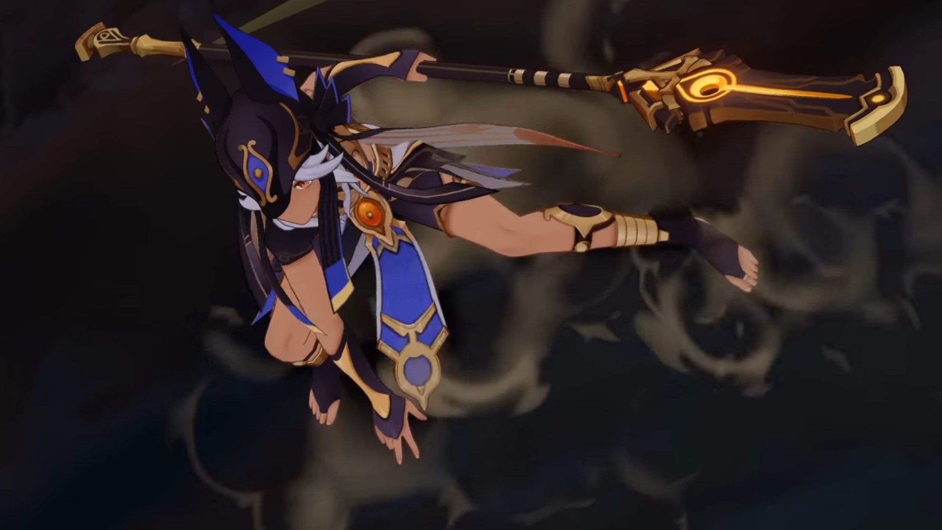 Cyno leaps off a wall in Genshin Impact.