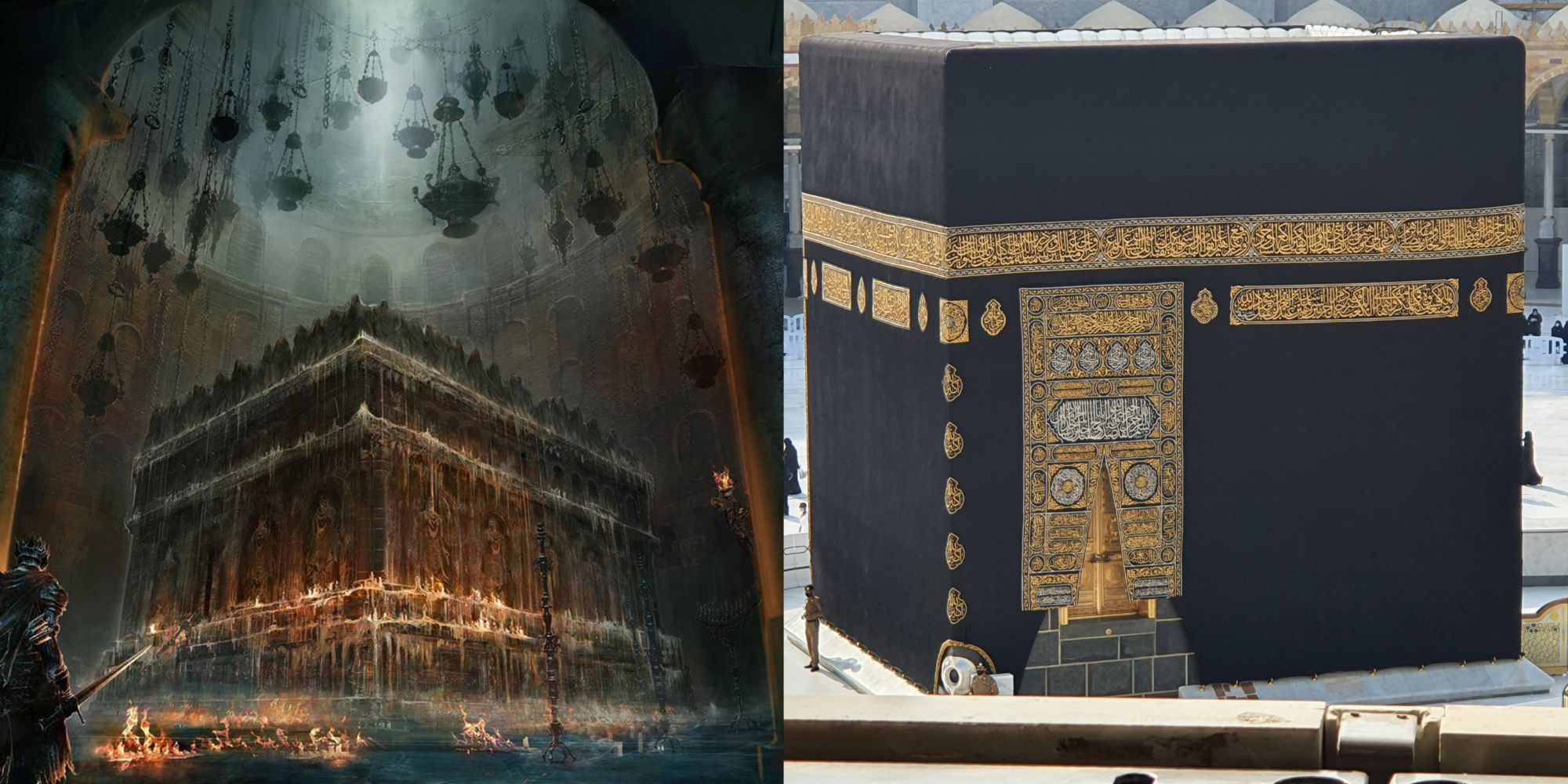 Comparison between the Deacons of the Deep boss room in Dark Souls 3 and the Black Stone of Kaaba in Mecca