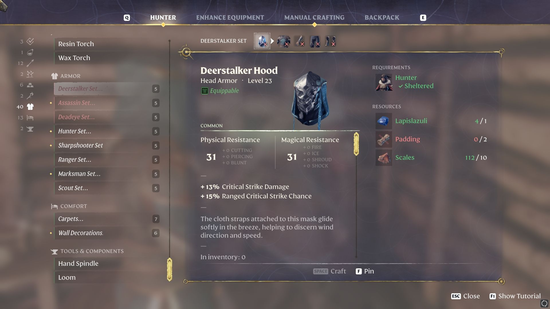 Padding needed for the Deerstalker Set craft