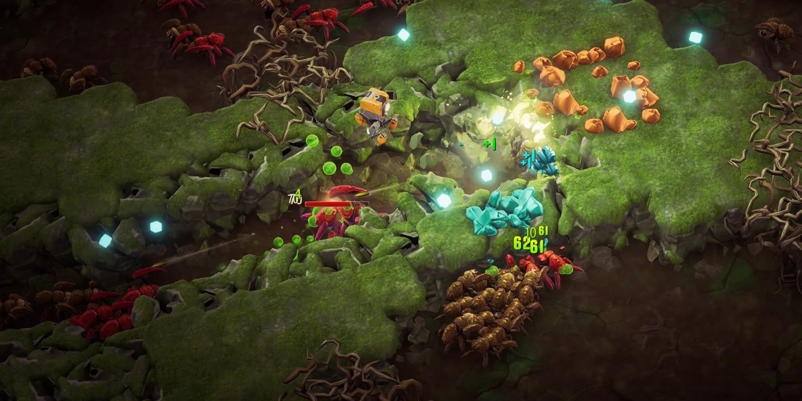 The Driller mines his way to safety, chased by a swarm of bugs