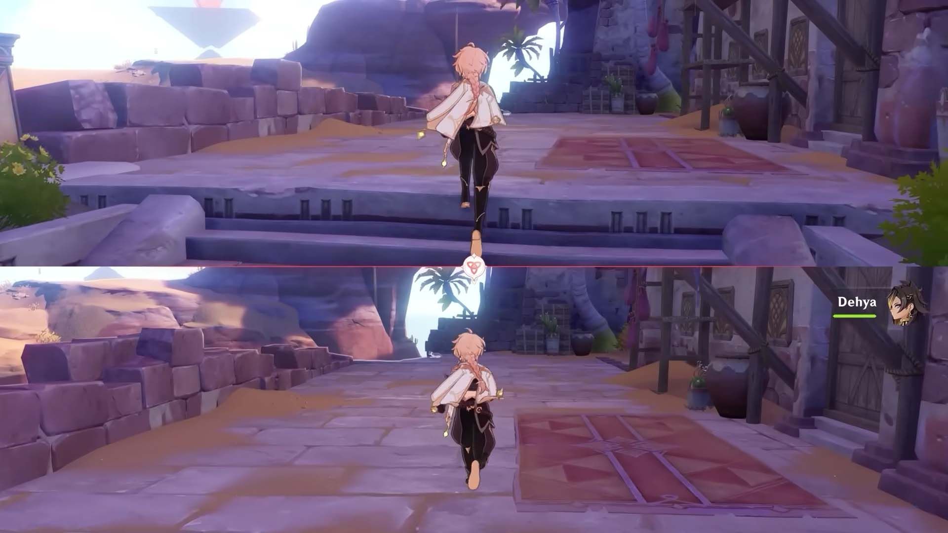 two images of Aether running, the bottom one has Dehya in the team with her Passive active - Genshin Impact