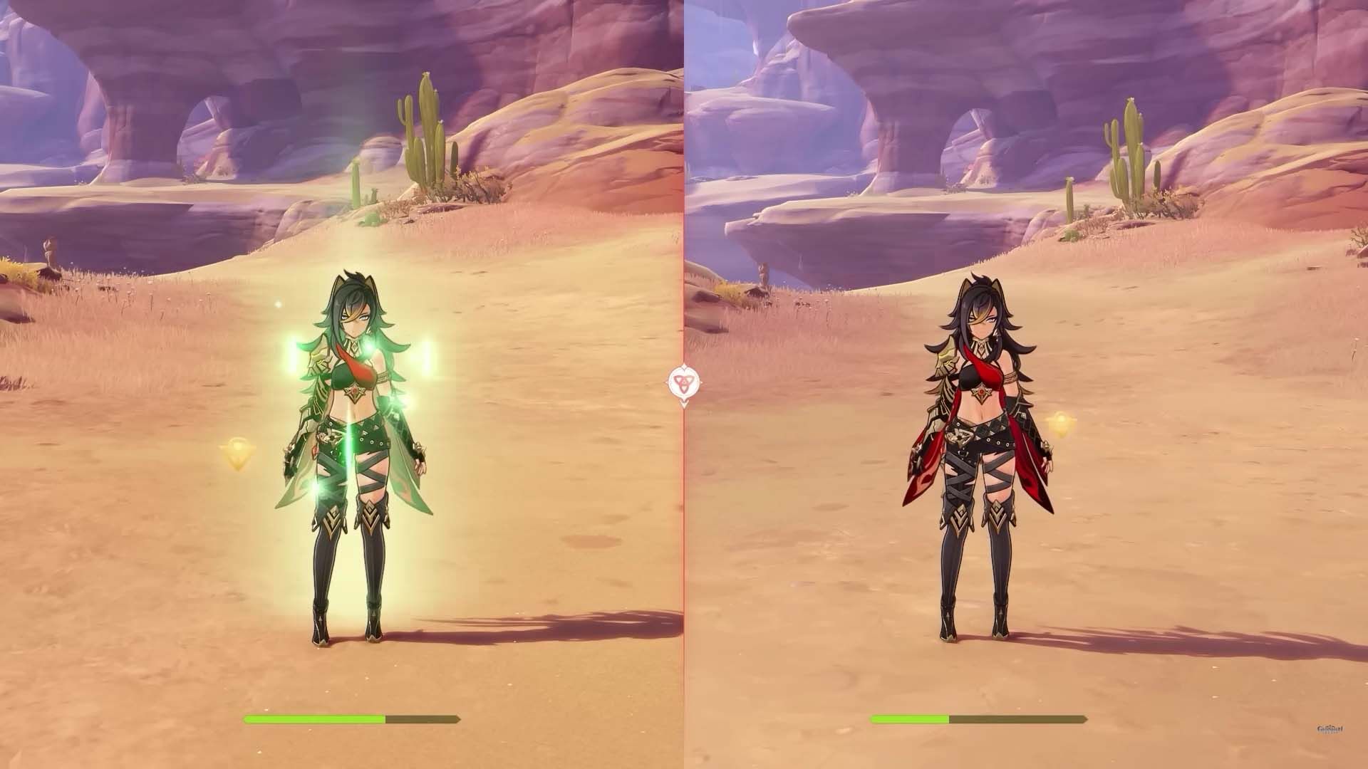 two images of Dehya side by side with low HP, on the left, she's being healed through her self-heal Passive - Genshin Impact