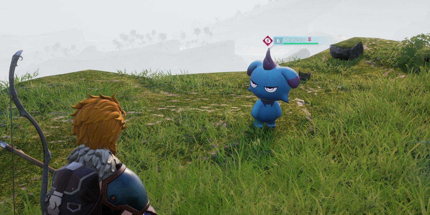 Palworld: Depresso looking grumpy near a cliff