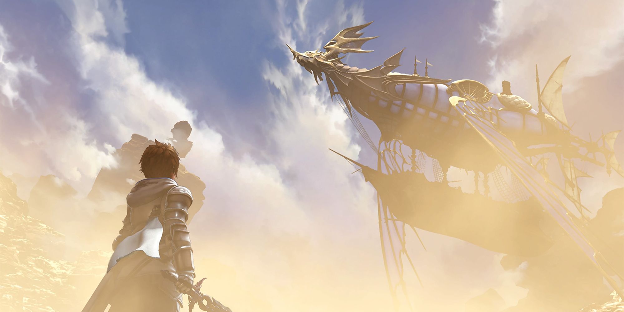 the grandcypher flying above the desert as gran looks up through sand clouds