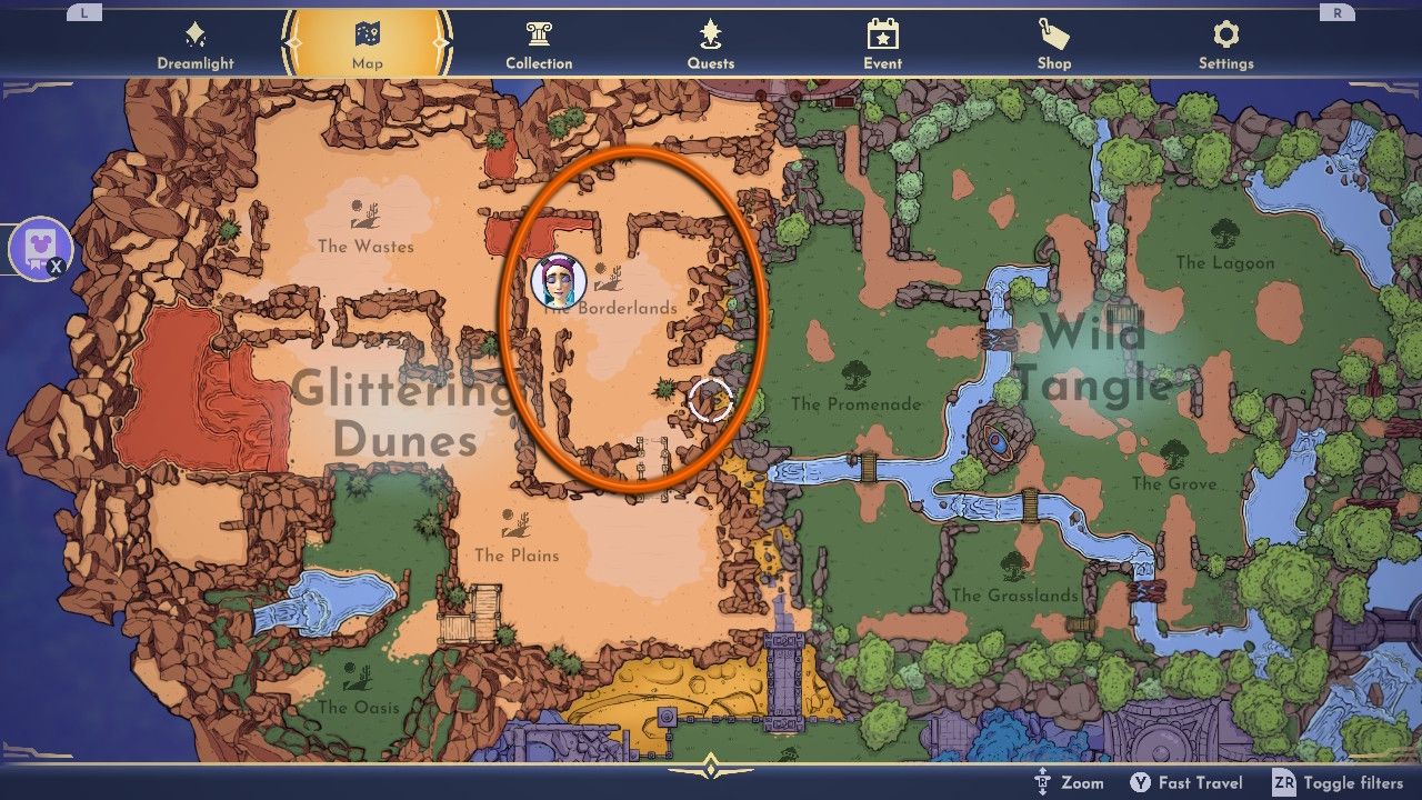 Disney Dreamlight Valley map showing an area of the Eternity Isle map labeled as The Borderlands circled in orange.
