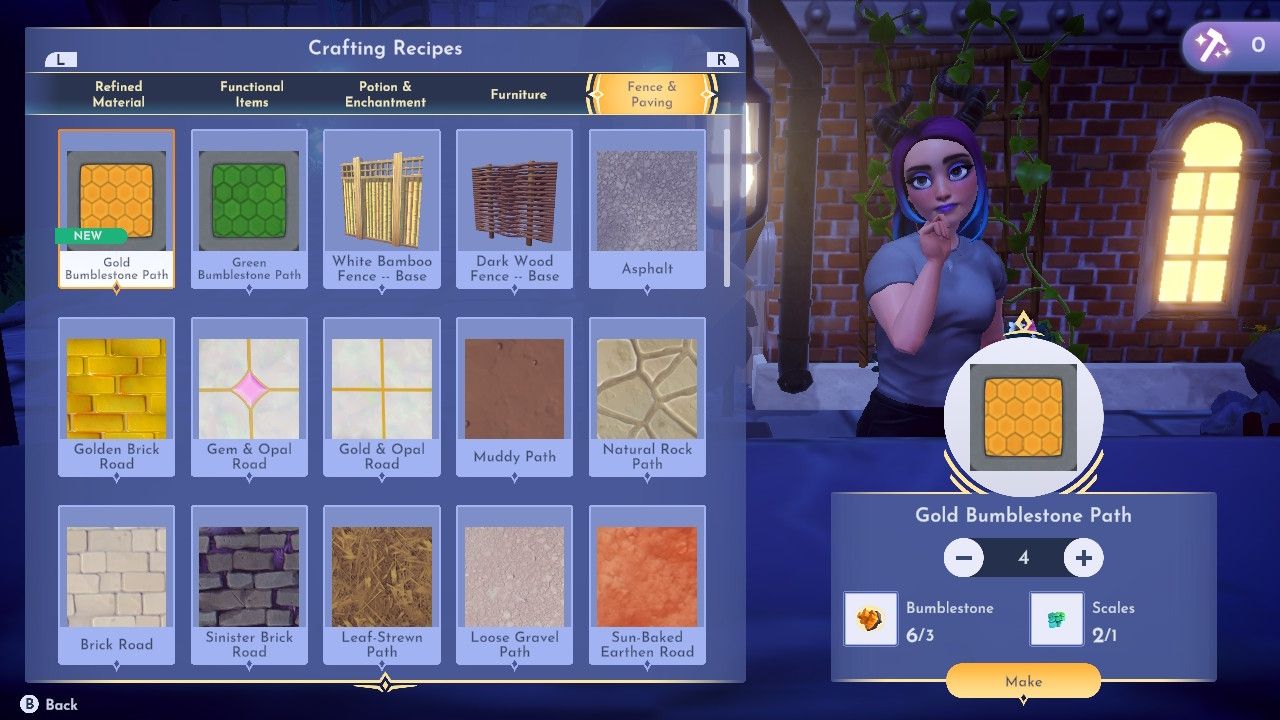 Disney Dreamlight Valley avatar at a crafting table with the crafting menu open. The recipe for Gold Bumblestone Path is highlighted and shows the necessary ingredients just below the avatar.