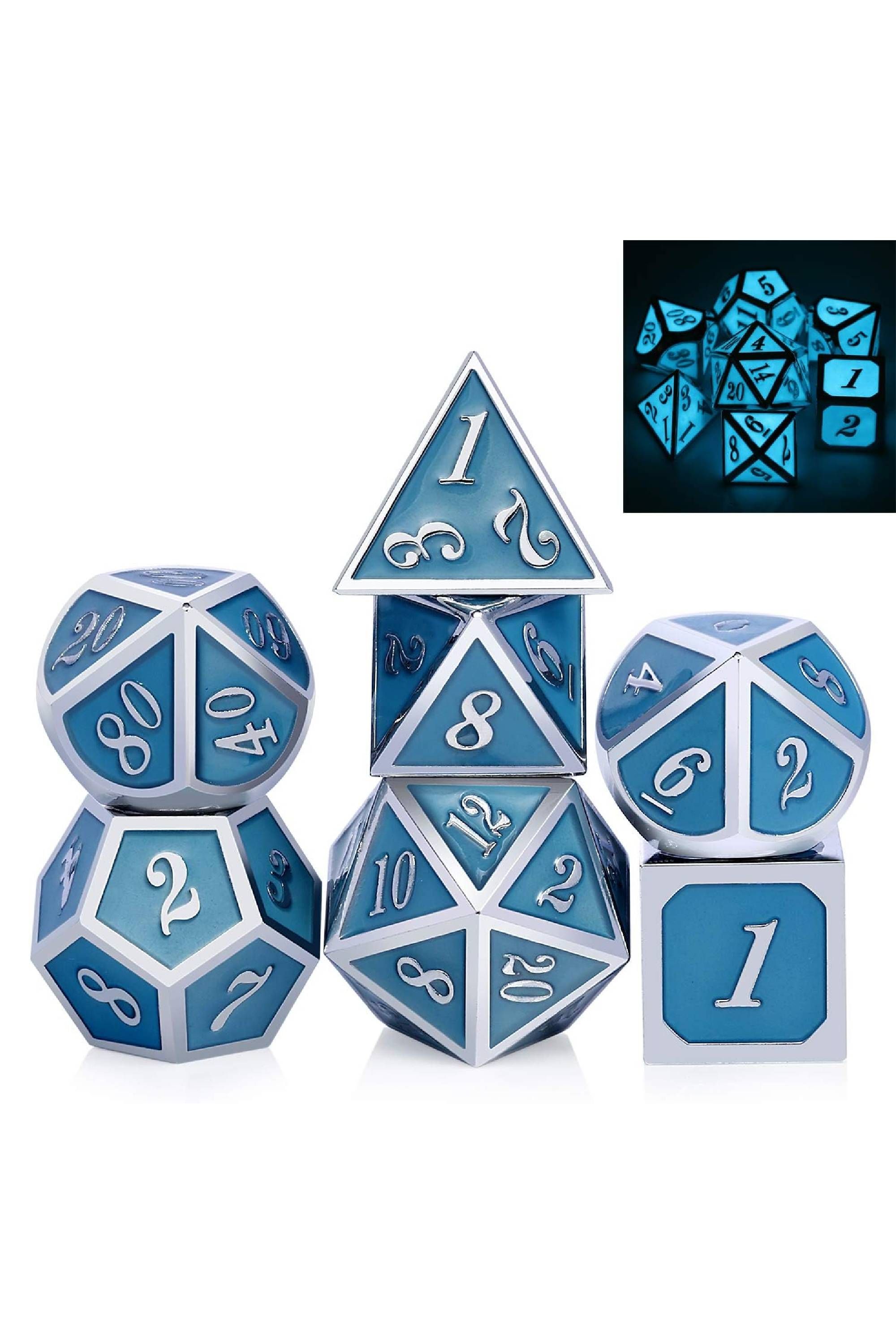 DNDND Luminous Blue 7-Piece Metal Dice Set