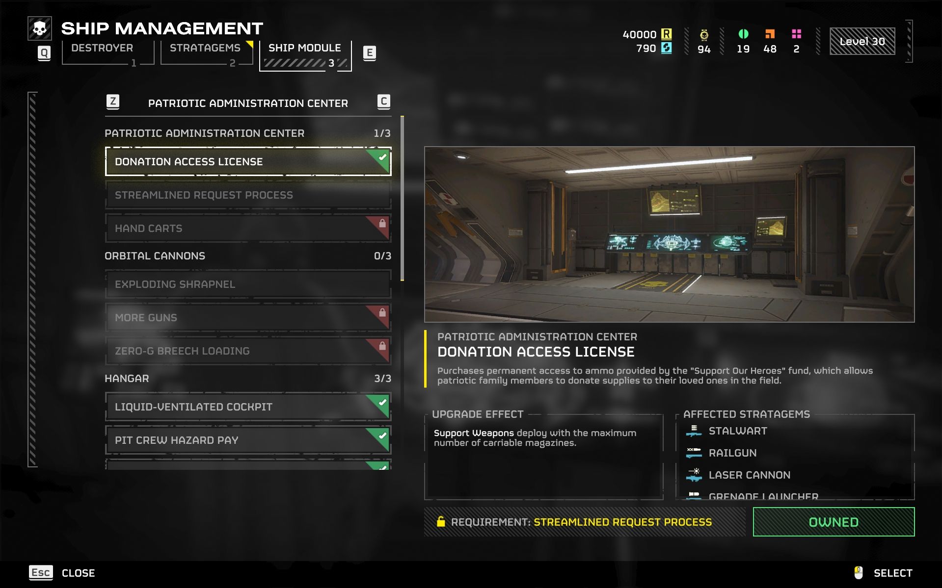 Donation Access License ship module stats screen in Helldivers 2