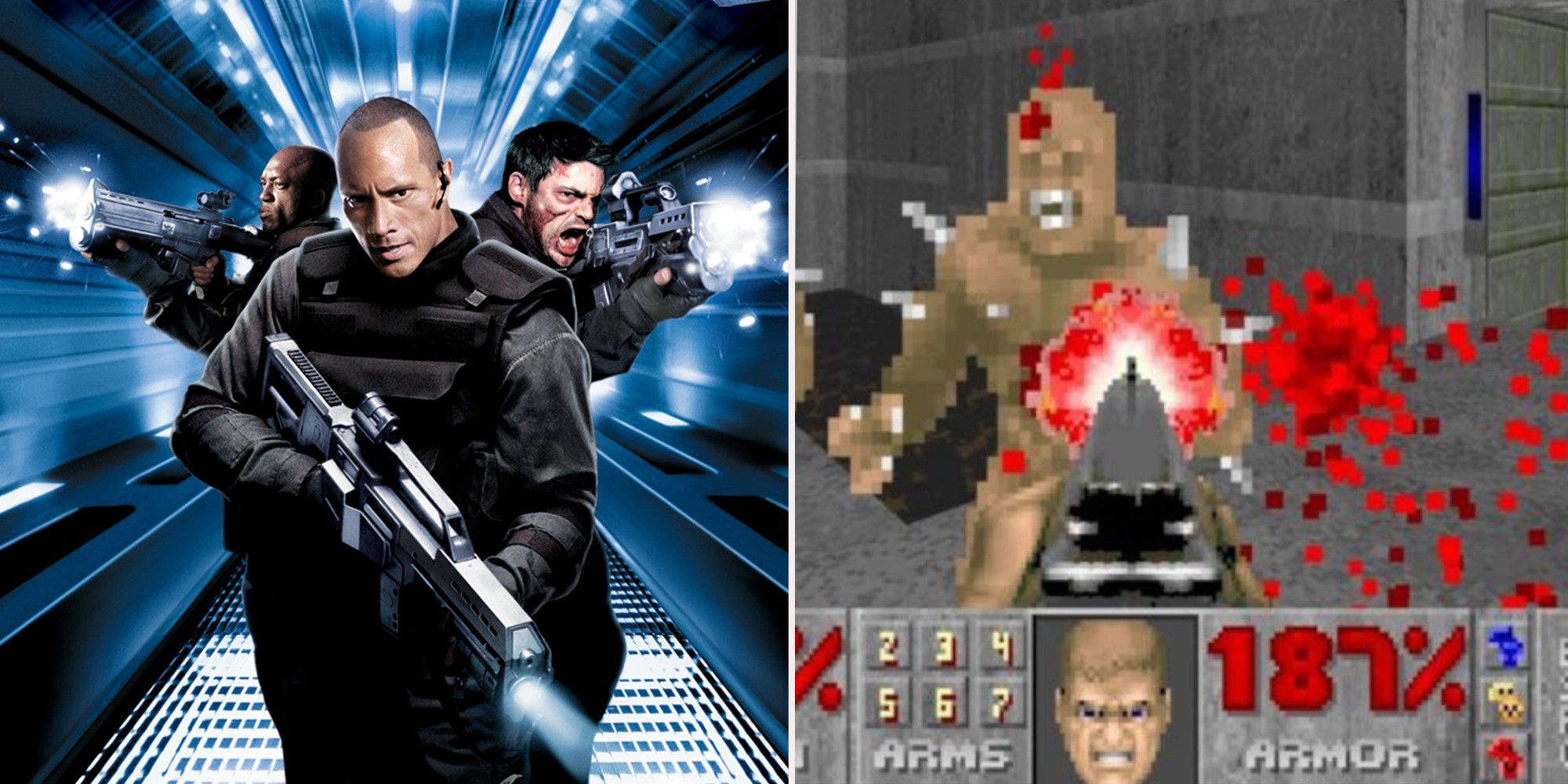 Doom poster the Rock and squad with weapons and doomguy shooting imp