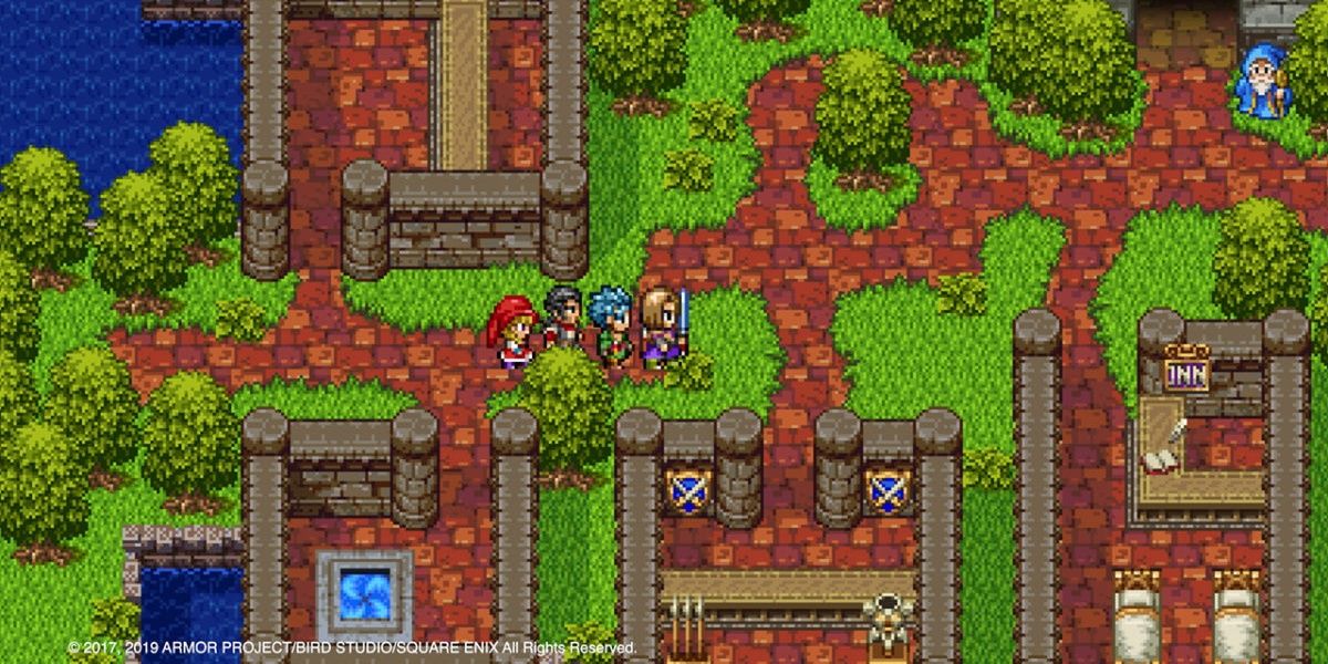 dragon quest 11s 2d art showing the party walking through a 2D town