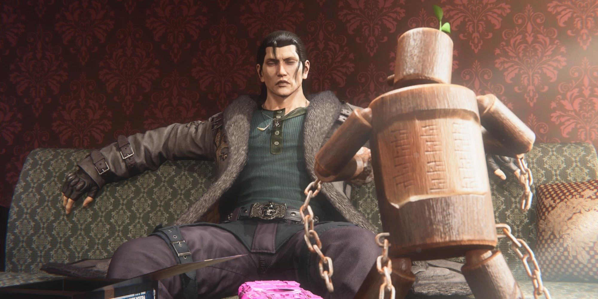 Sergei Dragunov and a toy version of Mokujin in Tekken 8