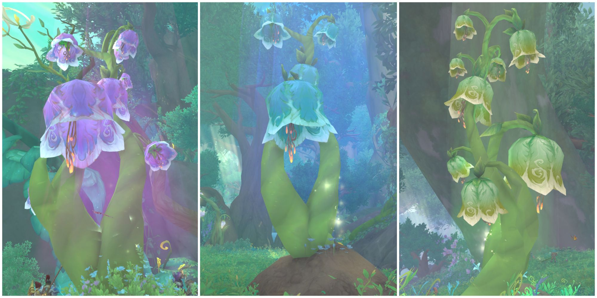 3 dreamseeds in bloom, from left to right; gigantic, plump, and small in World of Warcraft.
