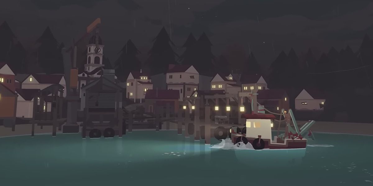 Sailing into the small town of Greater Marrow in dredge at night with boat lights on