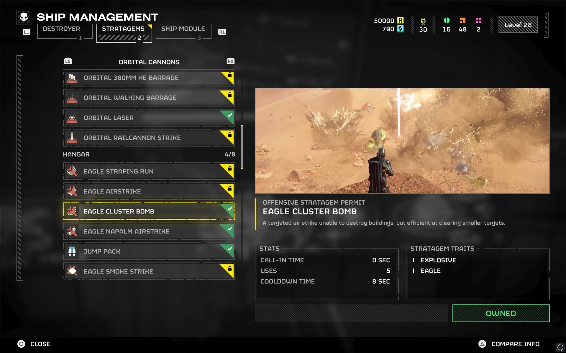 Eagle Cluster Bomb purchase menu in Helldivers 2