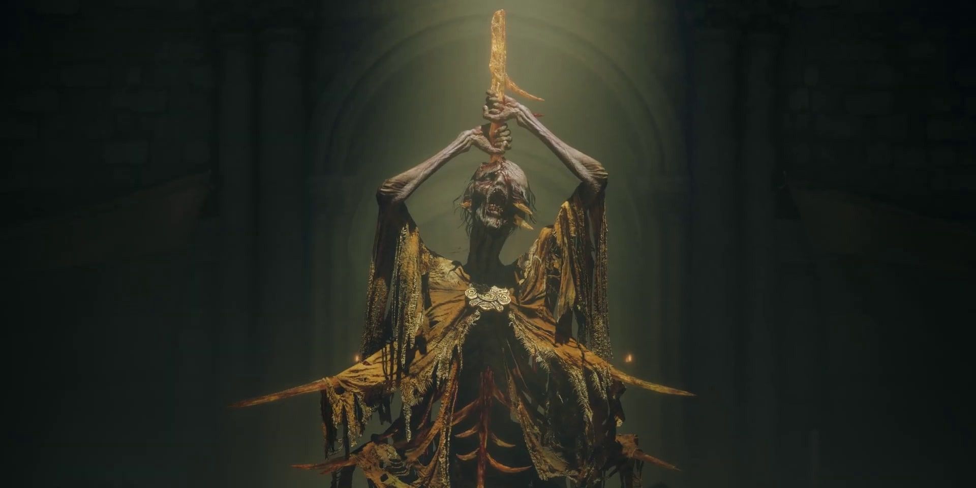 A zombie boss pulling out its own spine in the Elden Ring Shadow of the Erdtree DLC trailer.