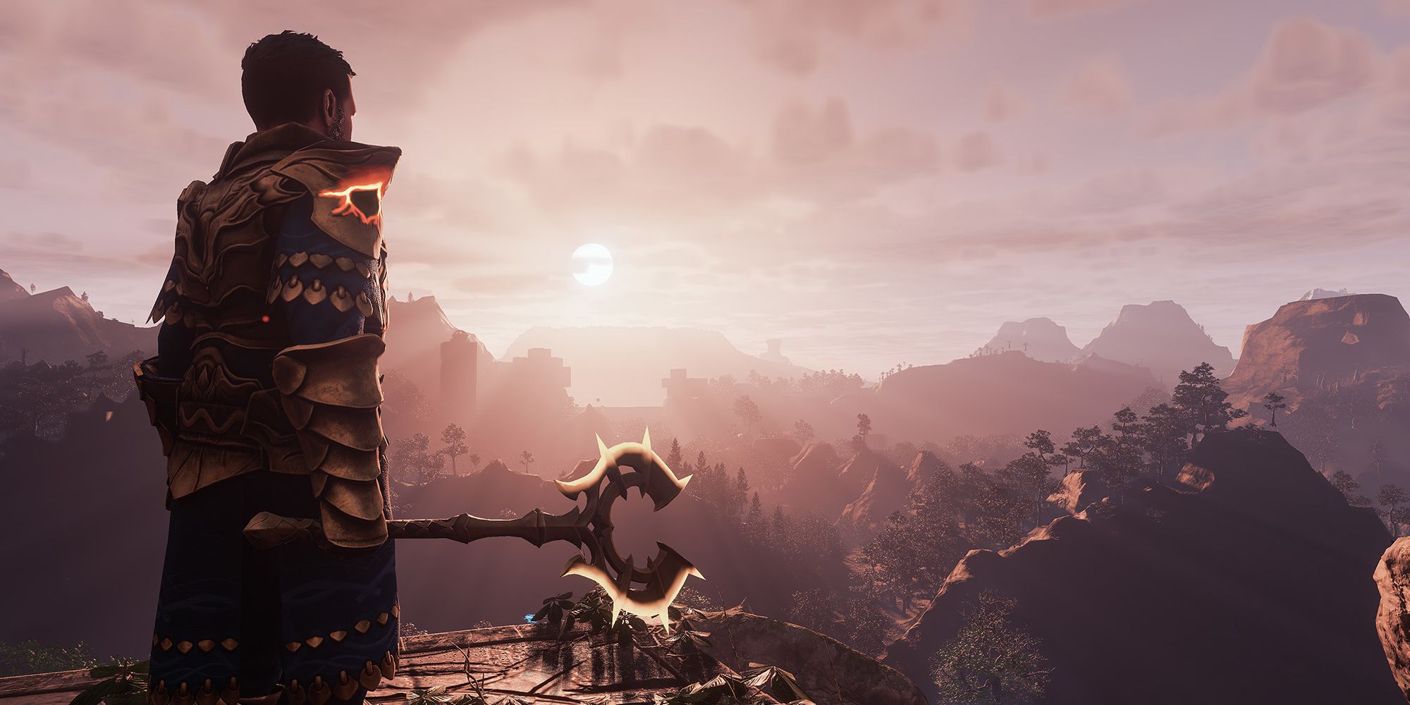 Enshrouded character overlooking cliff with weapon