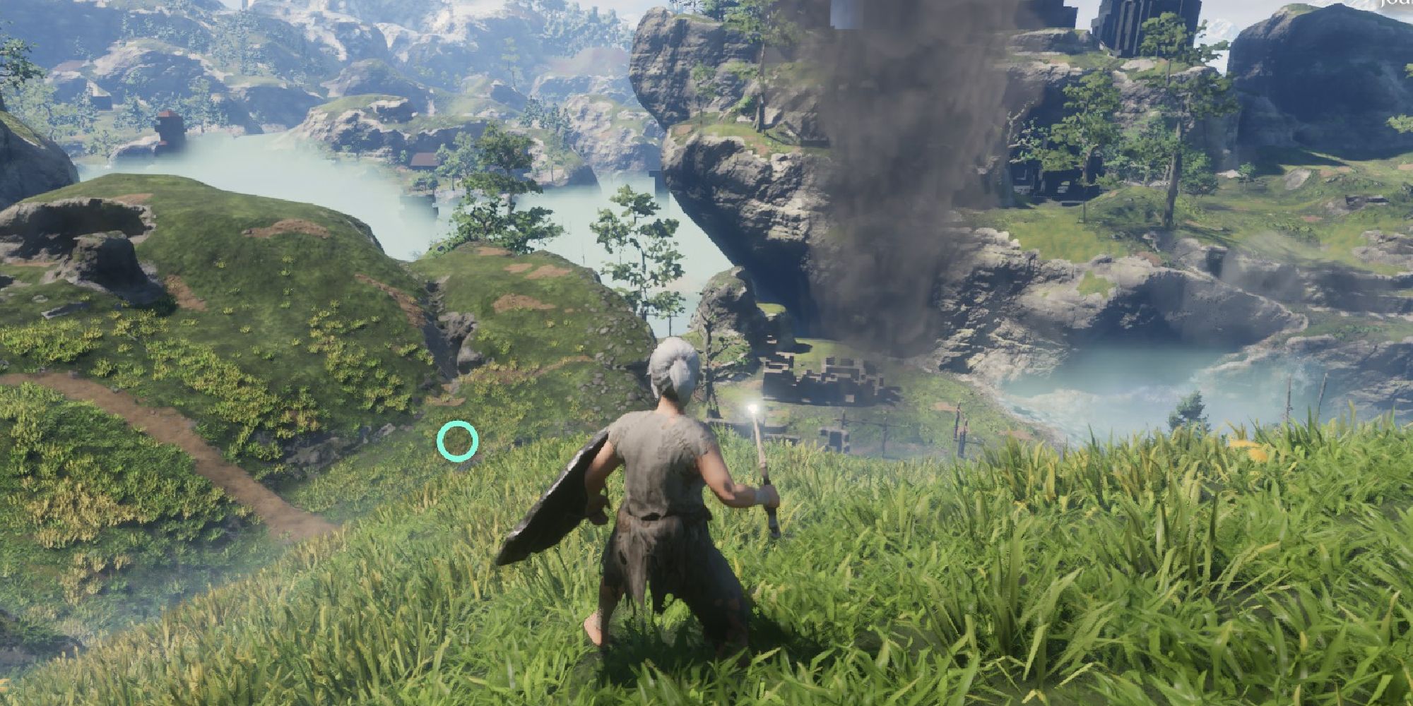 enshrouded player on grassy hillside with wand