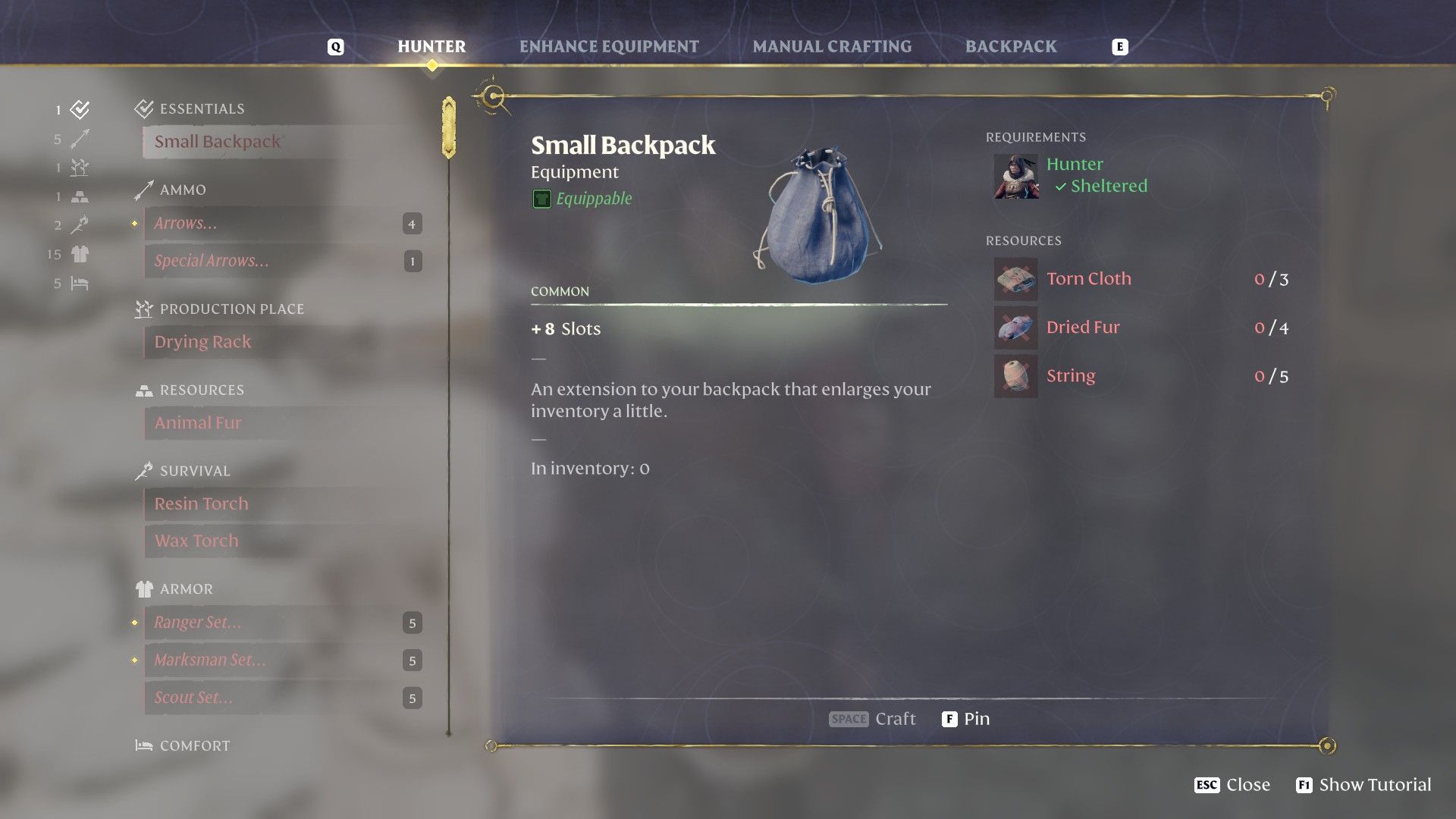 enshrouded small backpack crafting menu