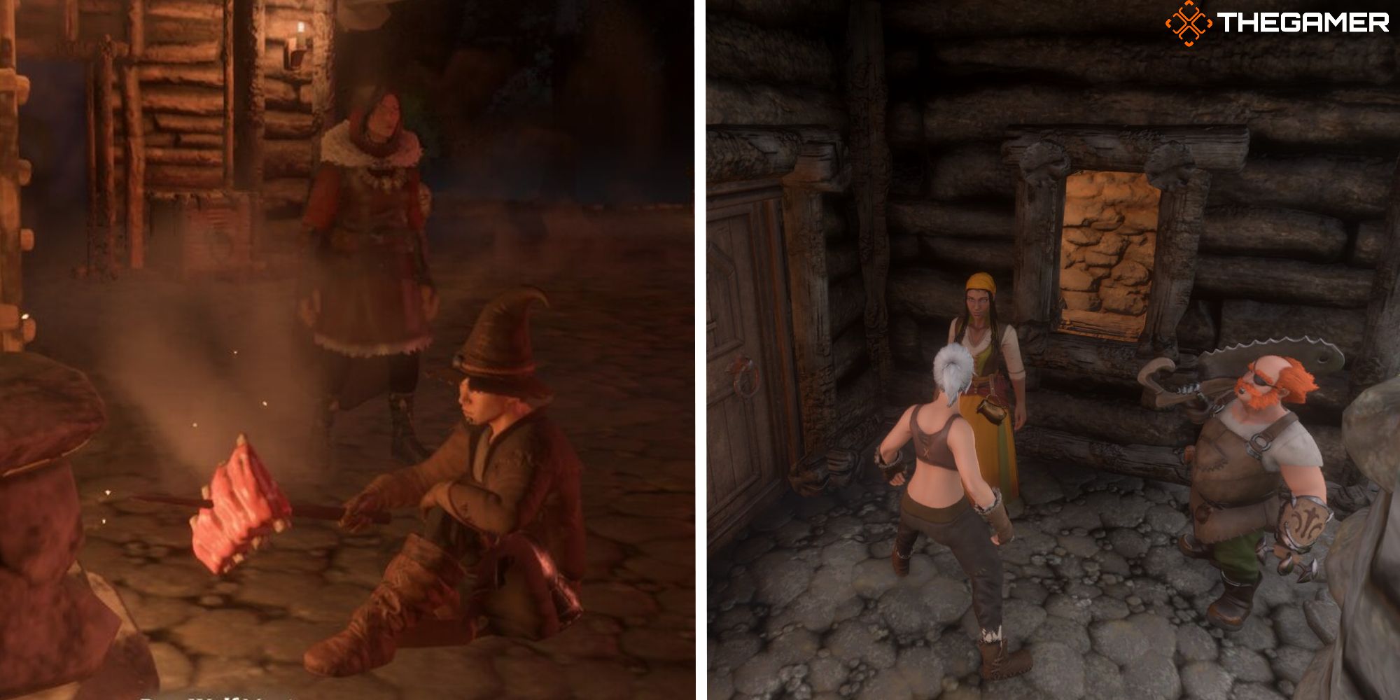 enshrouded split image showing player grill wolf meat next to image of player speaking to farmer