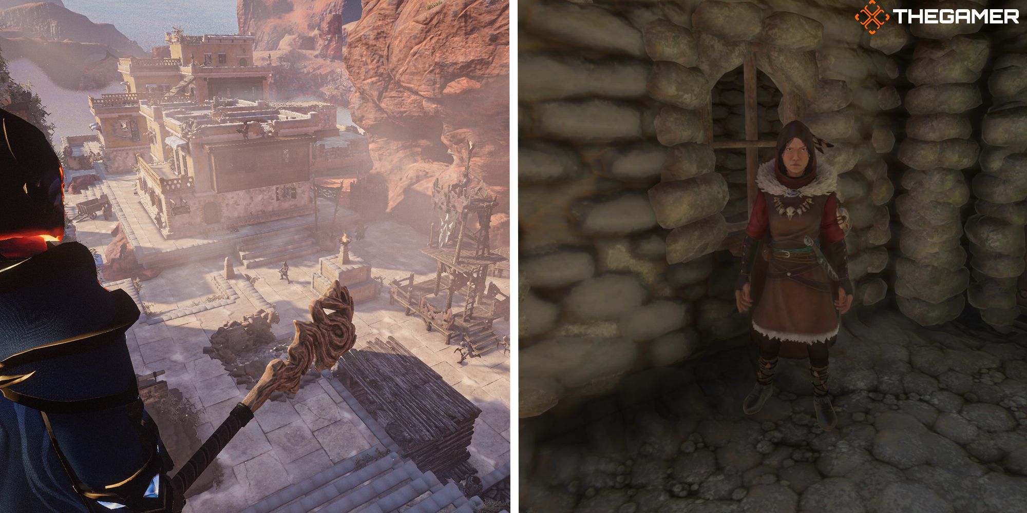 Enshrouded split image showing player looking over base next to hunter NPC