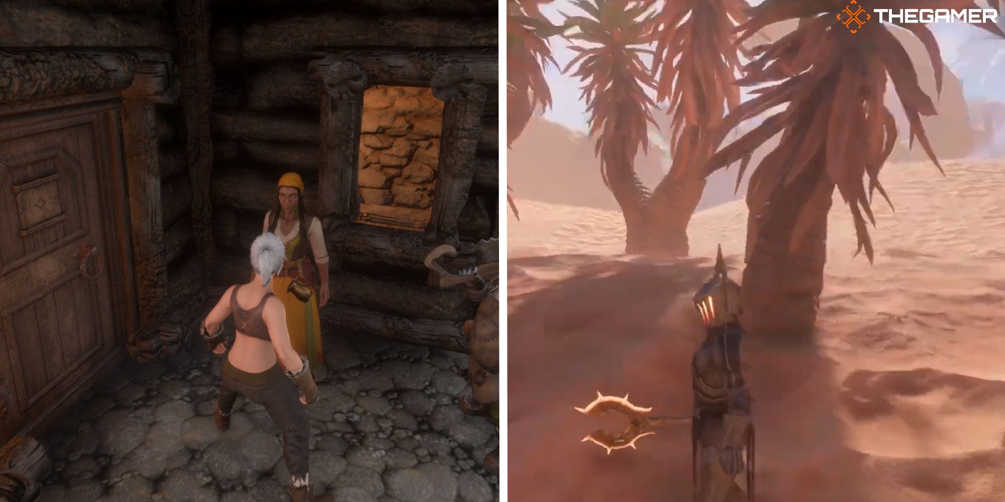 enshrouded split image showing player talking to farmer next to iamge of player near yucca trees