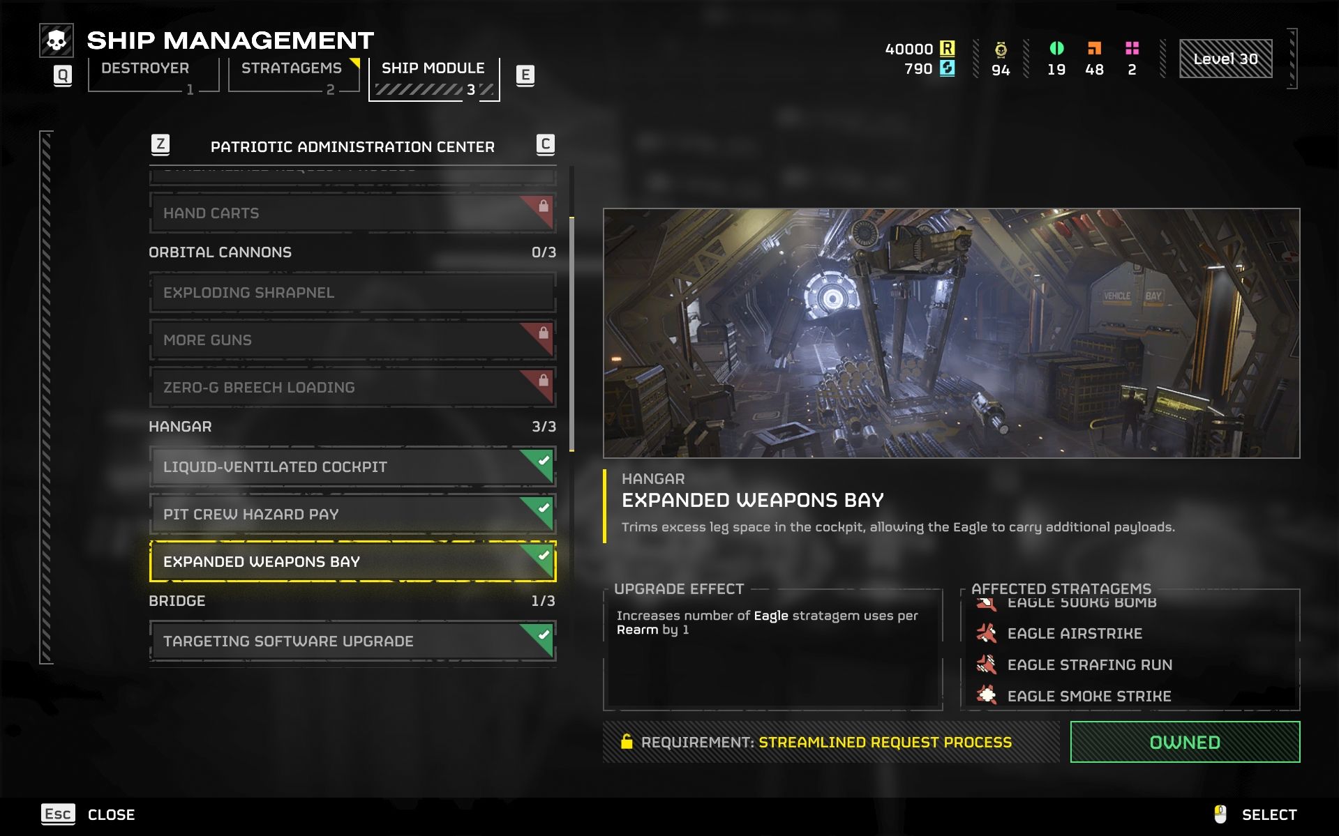 Expanded Weapons Bay ship module screen in Helldivers 2