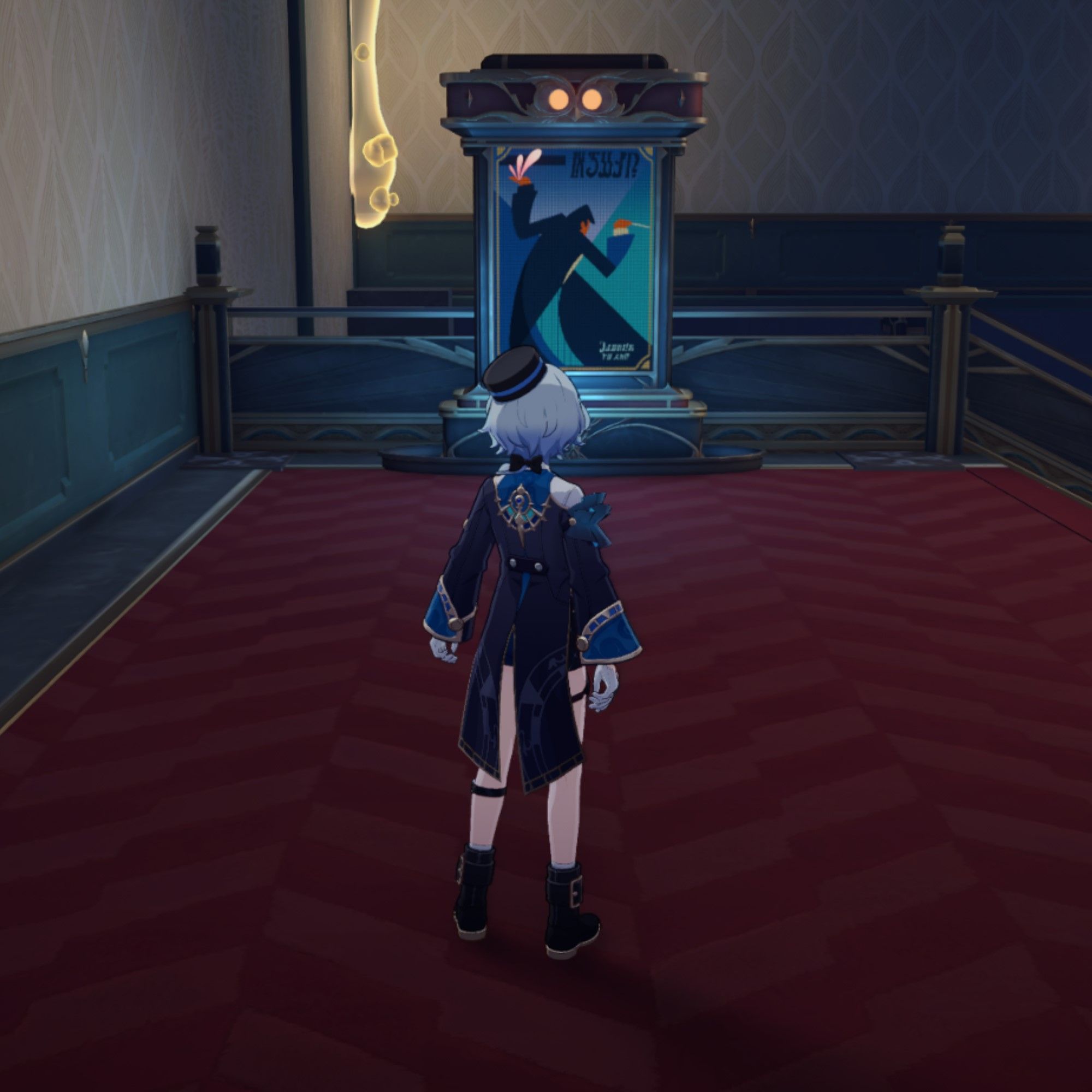Misha stands in front of a teal sign in Honkai Star Rail.