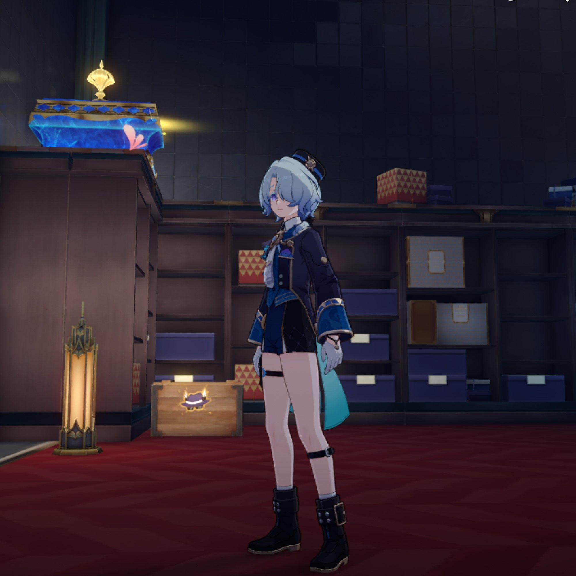 Misha stands in a storage room in Honkai Star Rail.