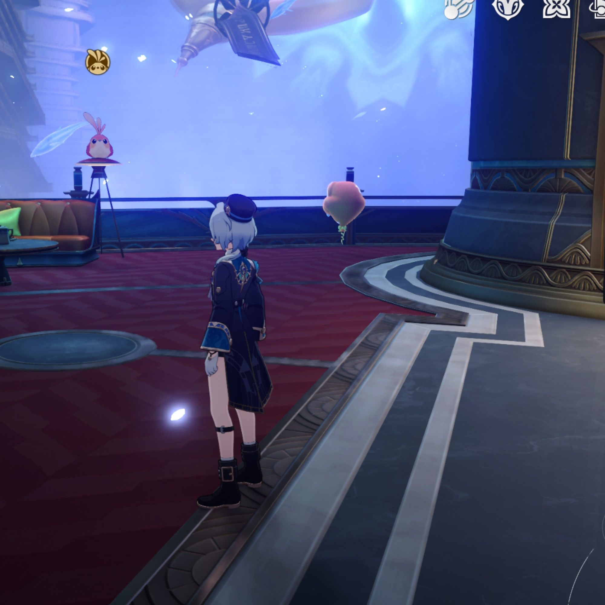 Misha stands near a couch and an elevator in Honkai Star Rail.