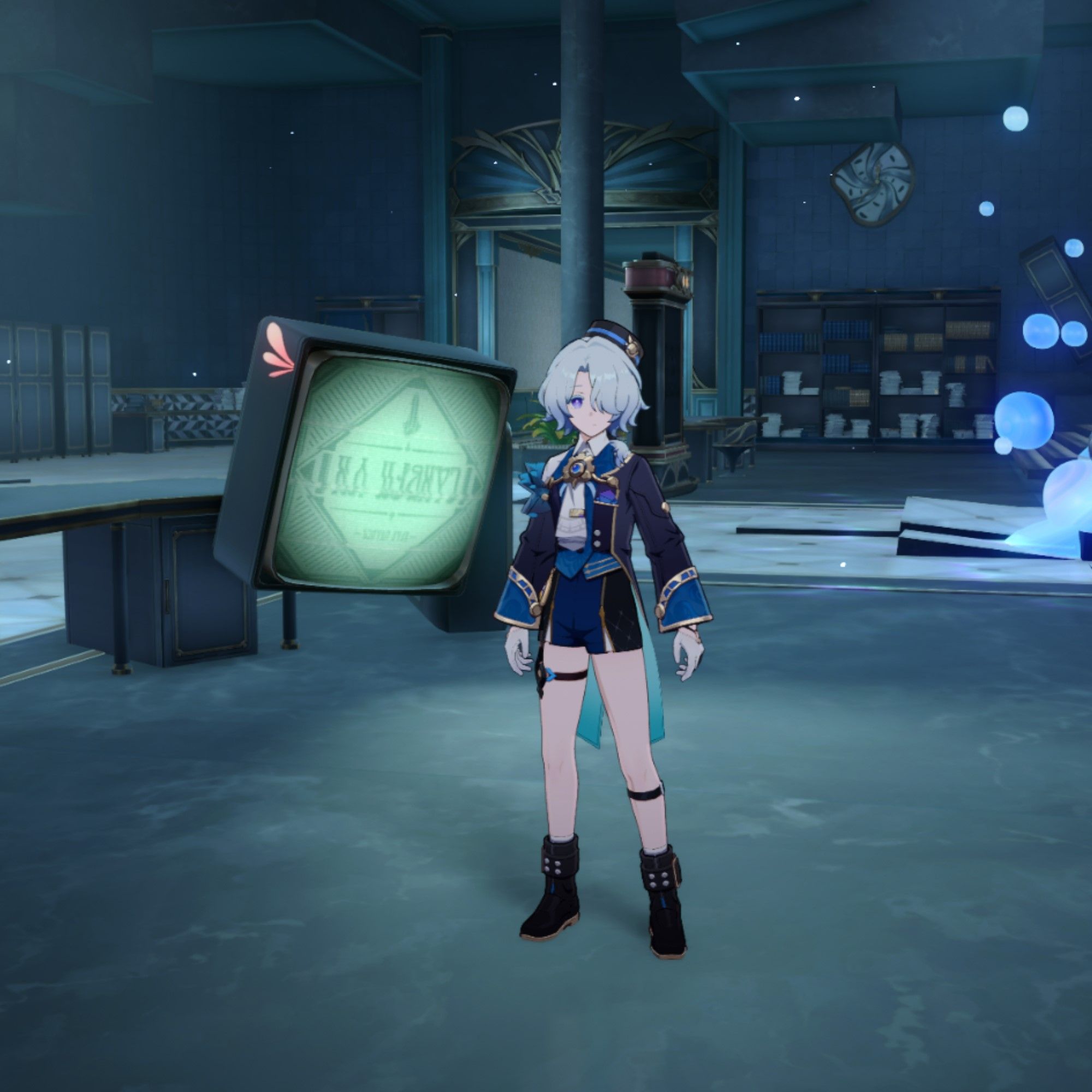 Misha stands in front of a TV in Honkai Star Rail.