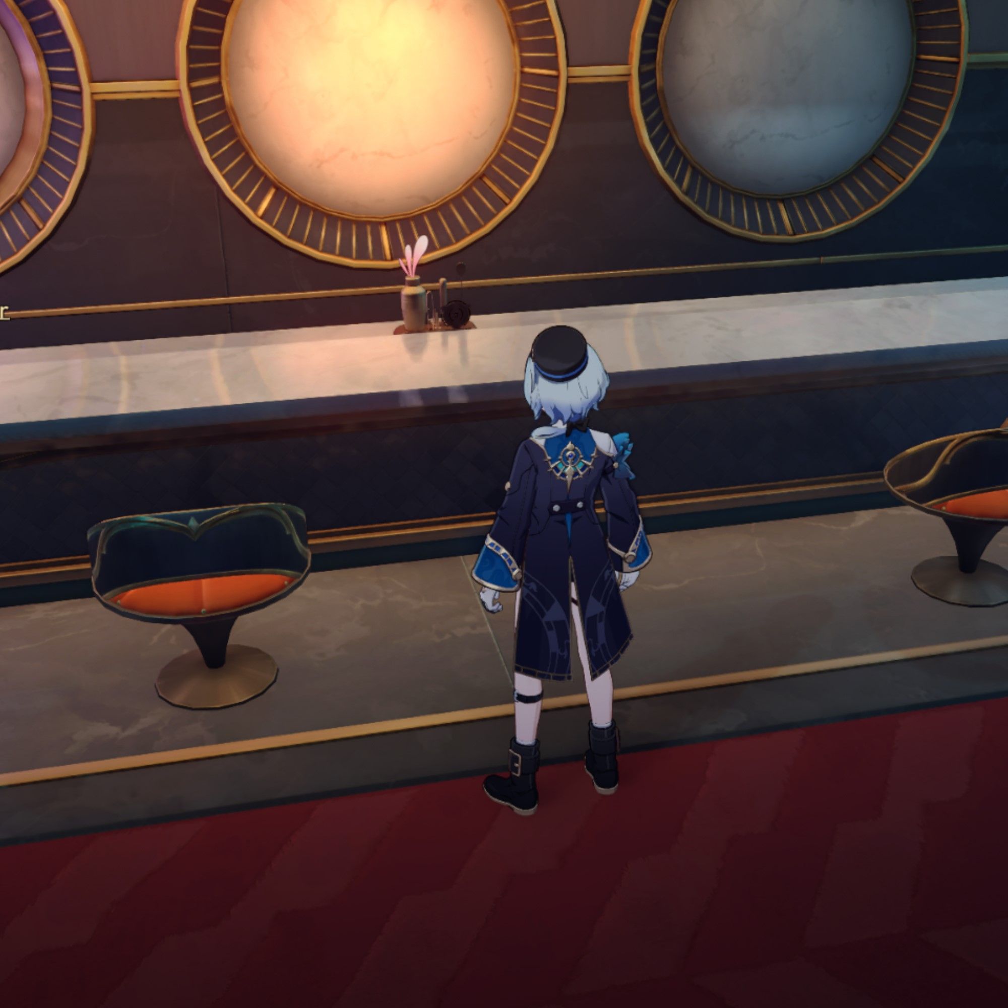 Misha stands near a bar in Honkai Star Rail.