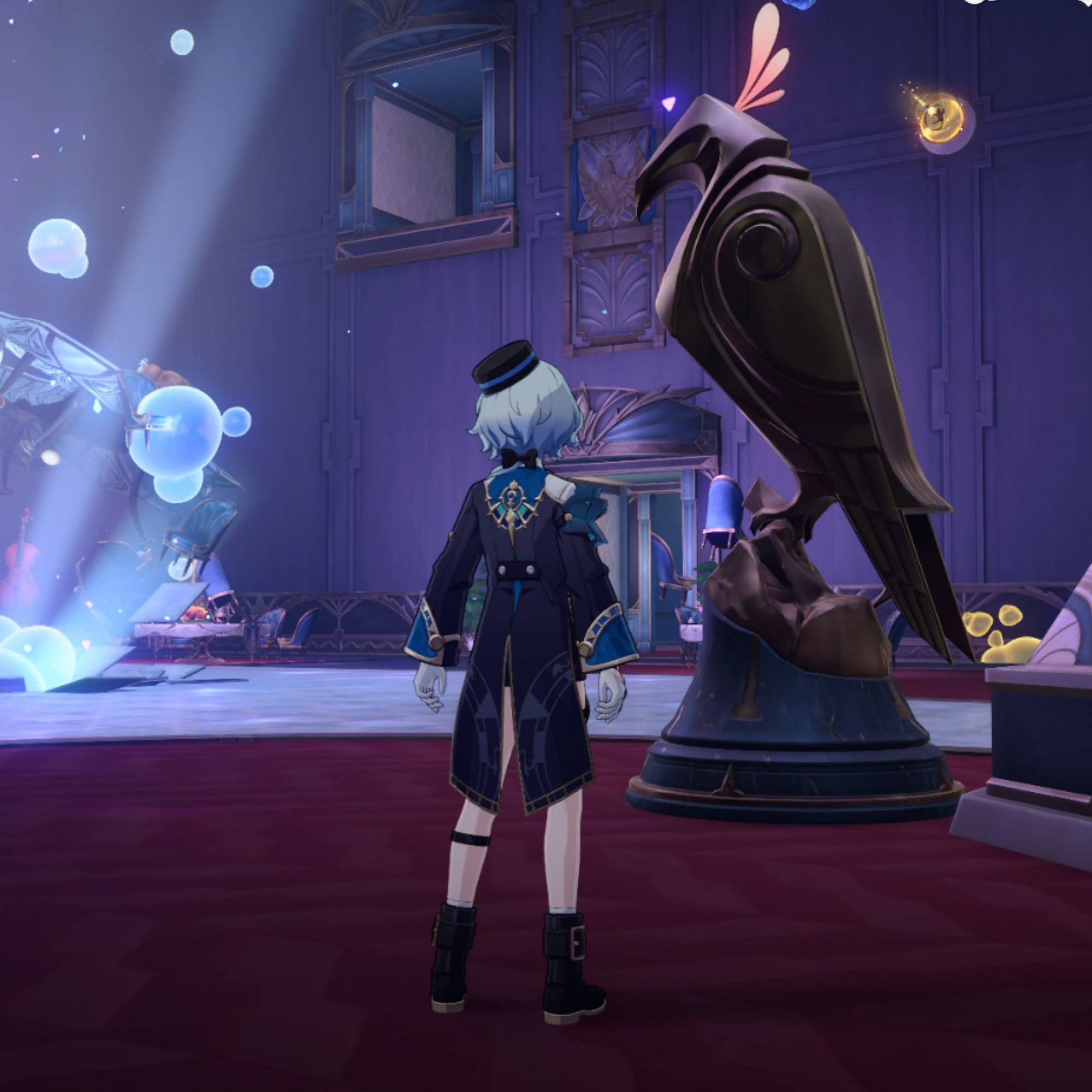 Misha stands next to a bird statue in Honkai Star Rail.