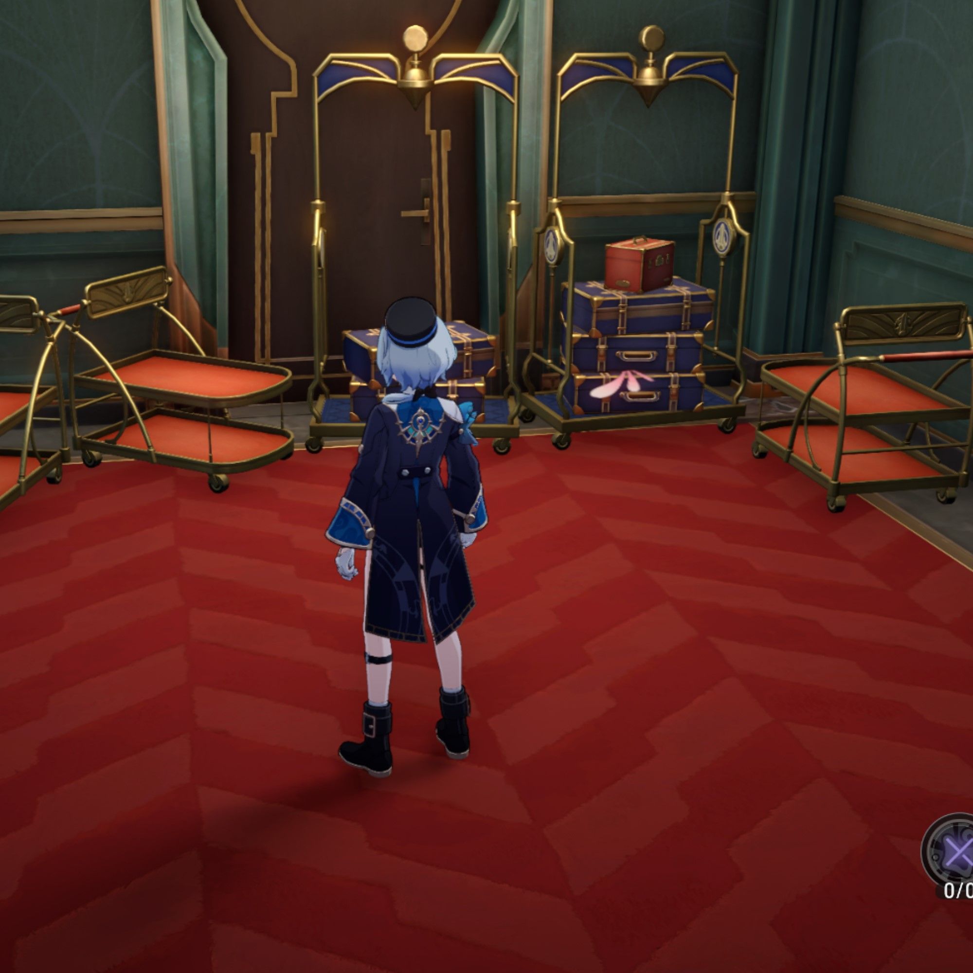 Misha stands next to some luggage trolleys in Honkai Star Rail.