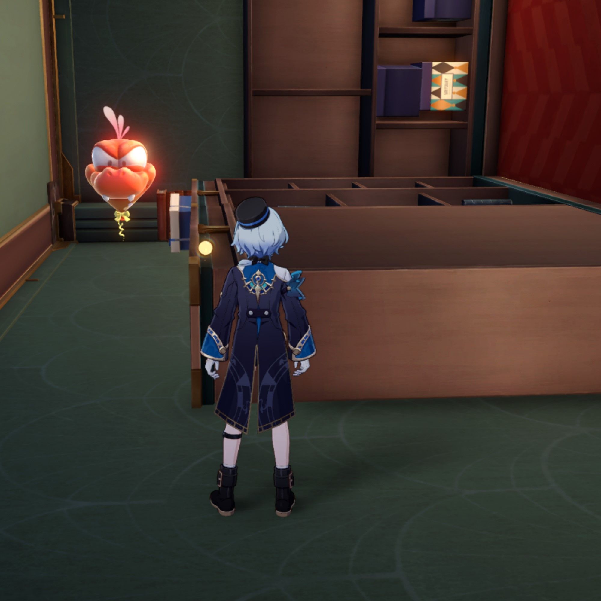 Misha stands near a lizard balloon in Honkai Star Rail.
