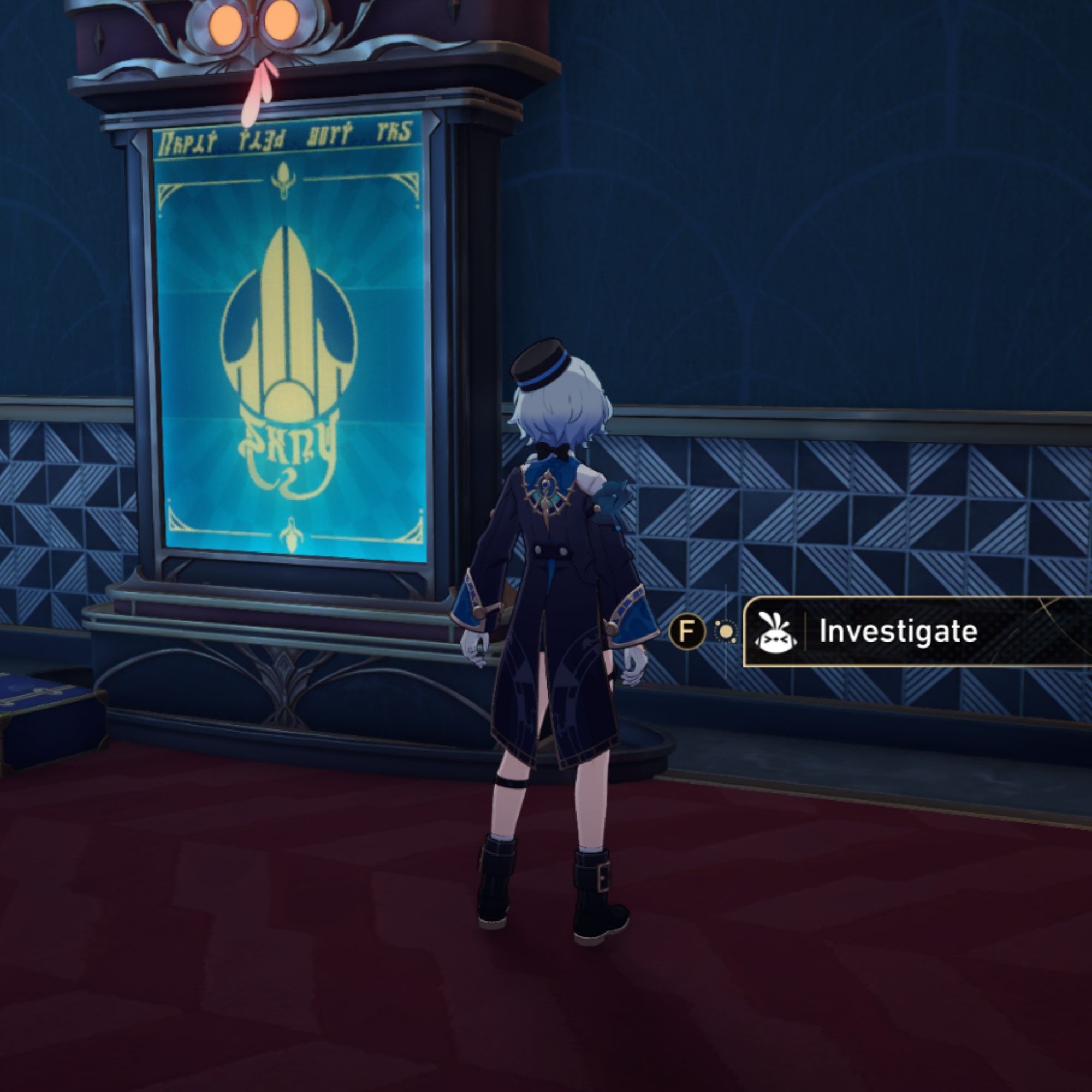 Misha stands near a sign in Honkai Star Rail.