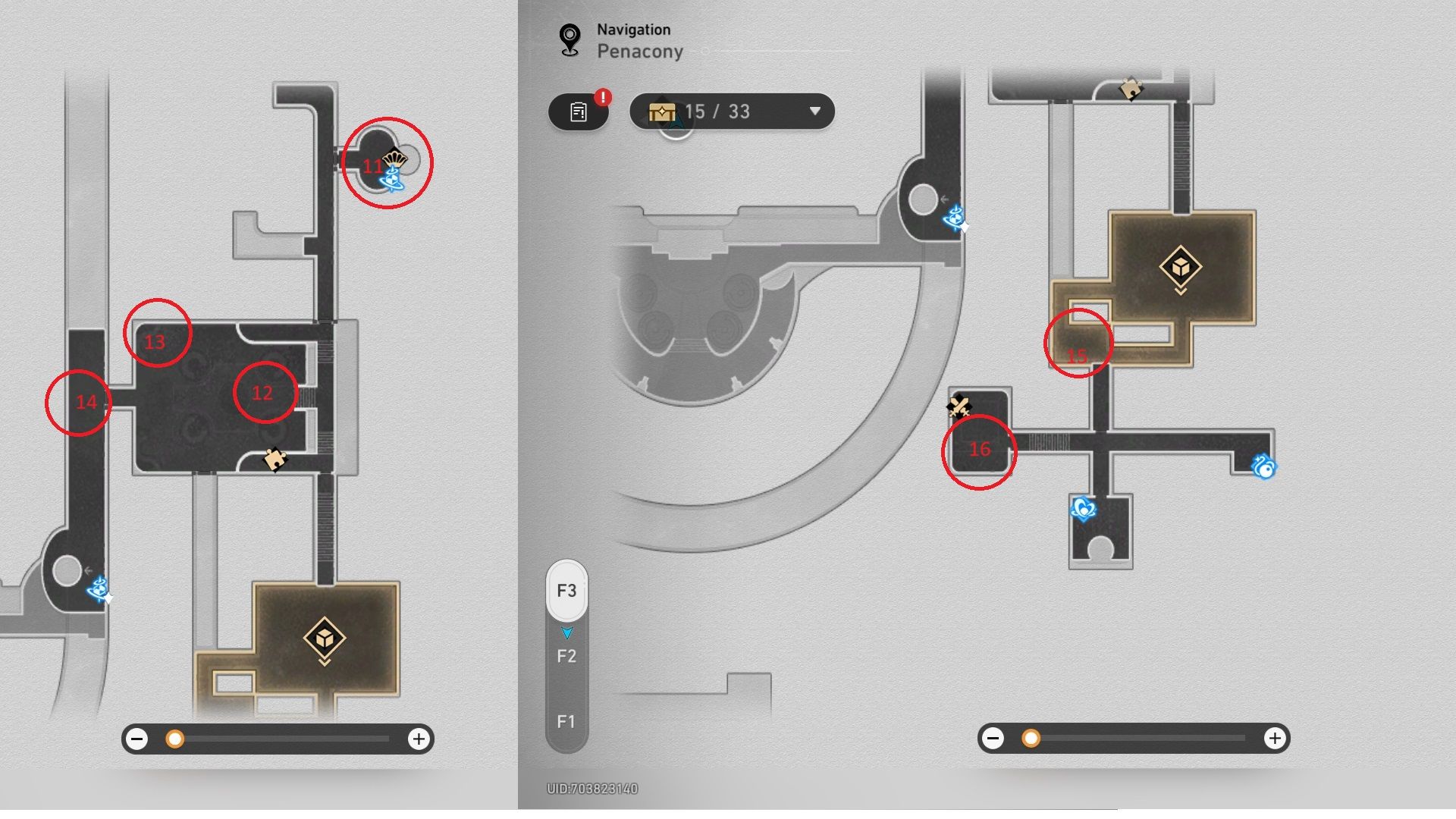 A Honkai Star Rail map of the right side of Floor Three in the Reverie Dreamscape.