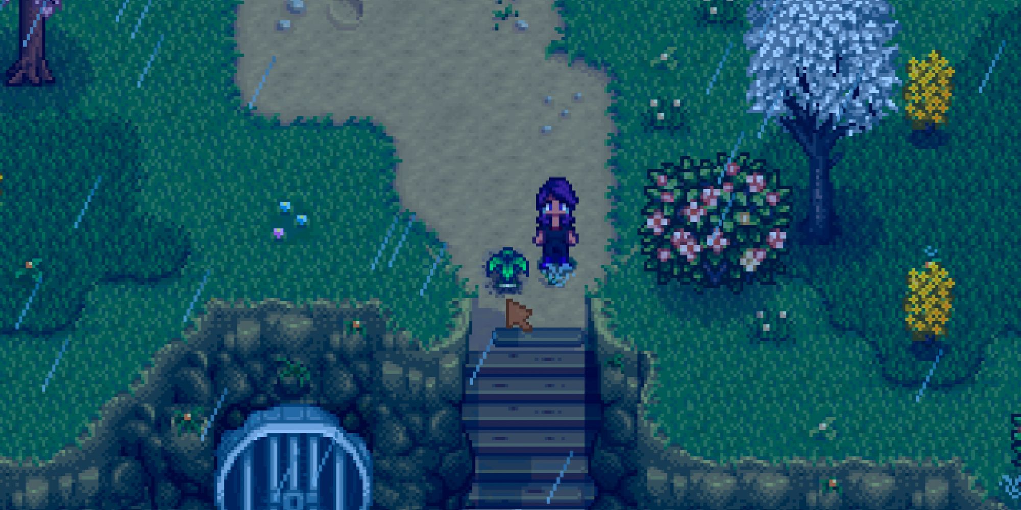 Stardew Valley farmer stands in the rain next to a sprouted Spring Onion