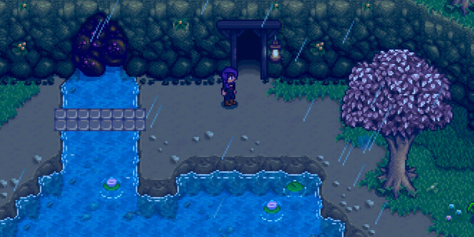 Farmer going to the mines in the rain in Stardew Valley