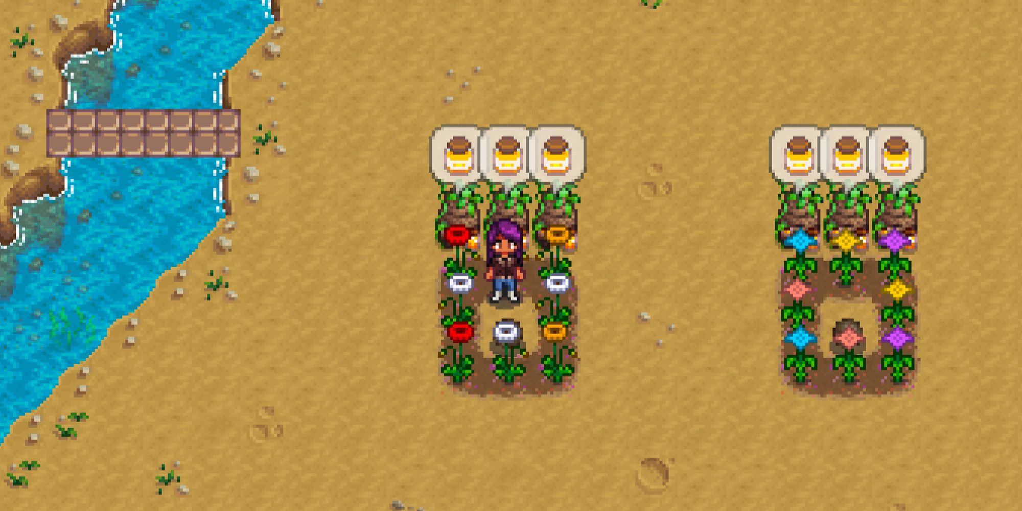 Stardew Valley farmer standing in the middle of Poppy flowers and Poppy honey