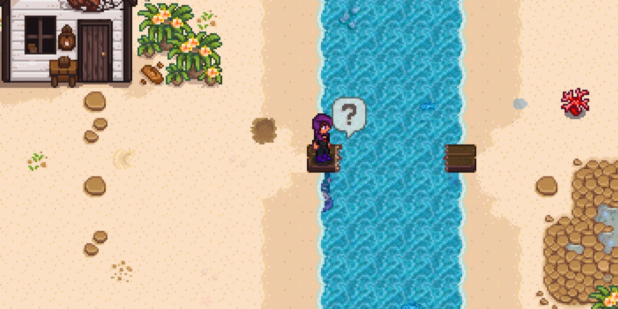 Stardew Valley character standing on the broken beach bridge 