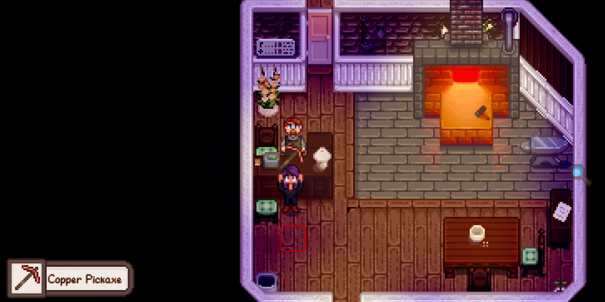 Farmer upgrading to a Copper Pickaxe inside Clint's shop in Stardew Valley