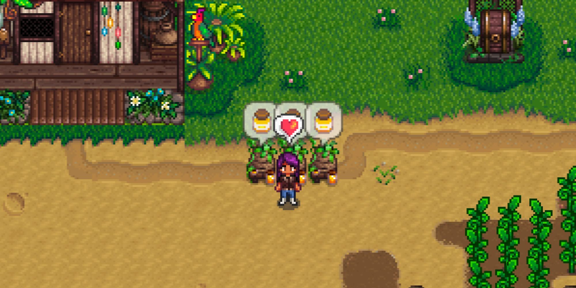 Stardew Valley farmer with a heart over their head as they stand in front of wild honey that is ready to harvest