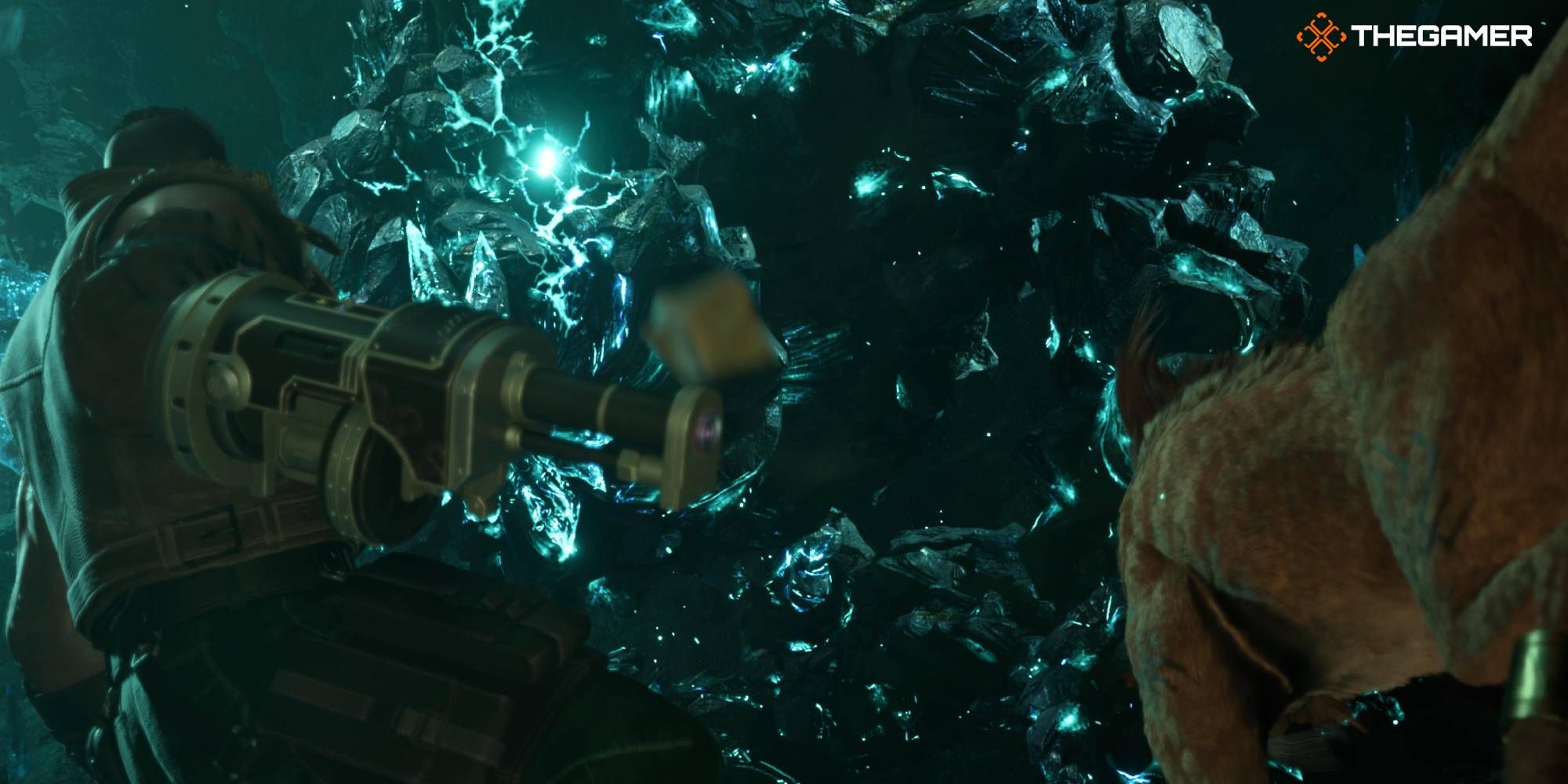 Feature image of Barret and Red XIII battling the Mythril Golem in FF7 Rebirth