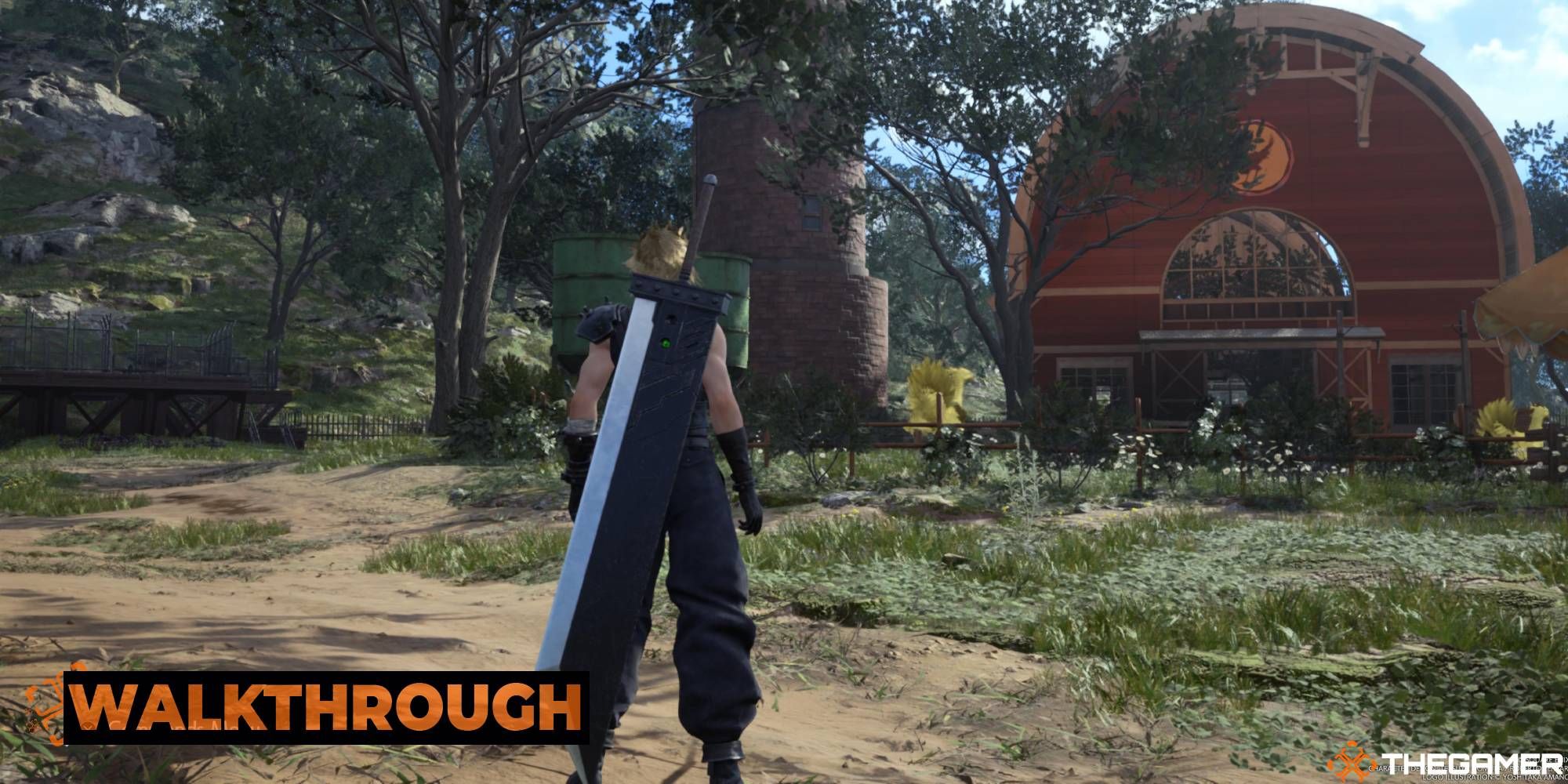 Feature image of Cloud approaching Bill's Chocobo Ranch in FF7 Rebirth