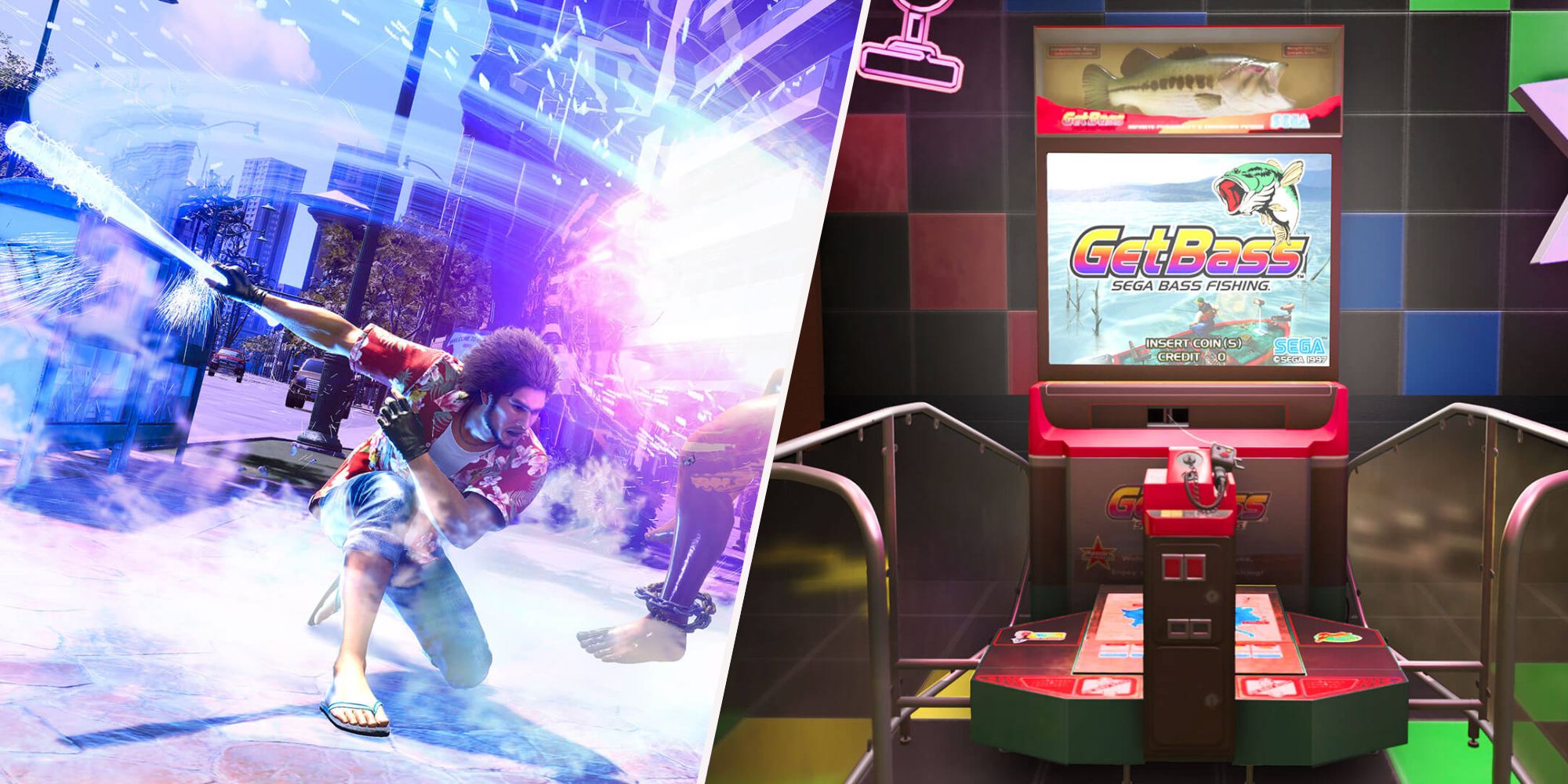 Left, Kasuga in combat. Right, a Sega GetBass fishing arcade game.